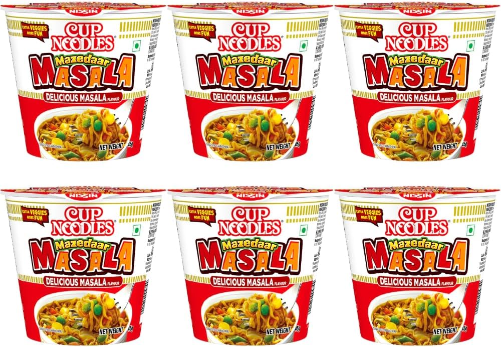 Nissin Cup Noodles Mini Mazedaar Masala | Delicious Indian Masala Flavor | Easy Snack for Anytime Hunger | With Extra veggies more fun | 45g (Pack of 6)