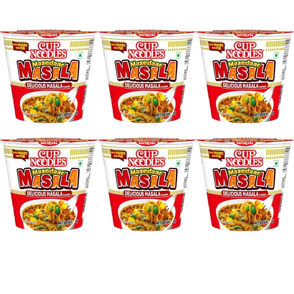Nissin Cup Noodles Mini Mazedaar Masala | Delicious Indian Masala Flavor | Easy Snack for Anytime Hunger | With Extra veggies more fun | 45g (Pack of 6)