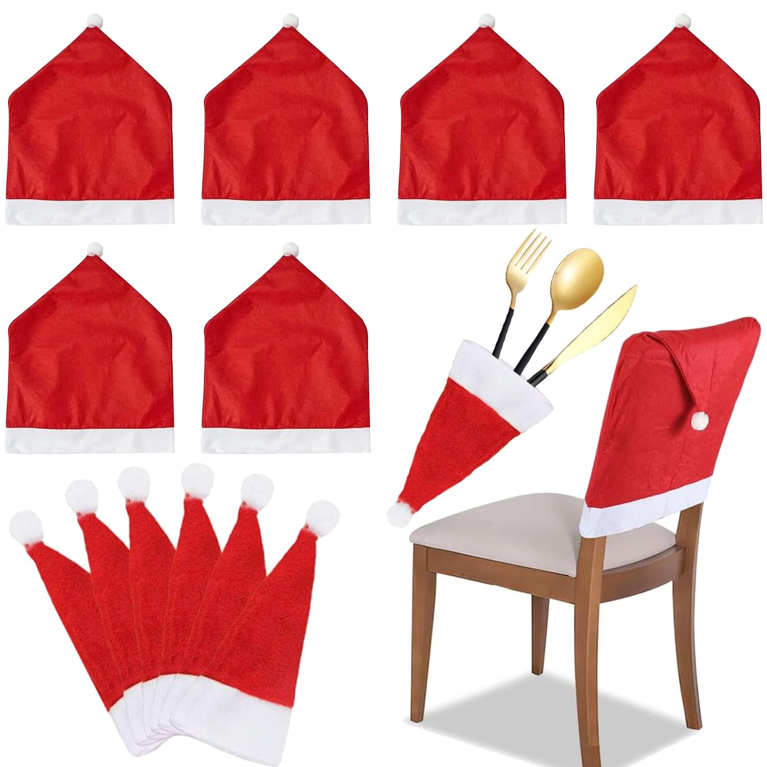 6 Fundas de Sillas de Navida, 6 Navidad Cubiertos Tenedores Bolsas, Rojo Funda de Silla, Fundas para Sillas de Cena de Navidad, para Decoración Fiesta o Cena de Navidad