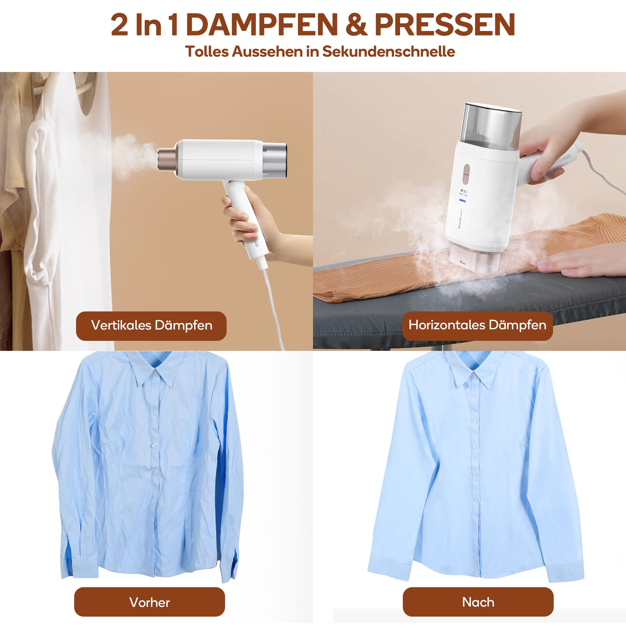 Newbealer Steamer Reise Dampfglätter, 2-in-1 Reisebügeleisen mit umschaltbarer Spannung - 220V/120V, 20s Schnelles Aufheizen, 1200W Klein & Leicht Dampfglätter für Globale Reise und Urlaub, Weiß