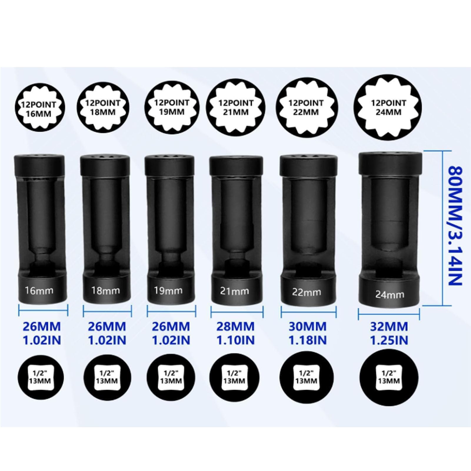 6-częściowy zestaw kluczy nasadowych do nakrętek amortyzatorów, 16 mm, 18 mm, 19 mm, 21 mm, 22 mm, 24 mm, narzędzie do usuwania nakrętek amortyzatora, zestaw kluczy nasadowych do di