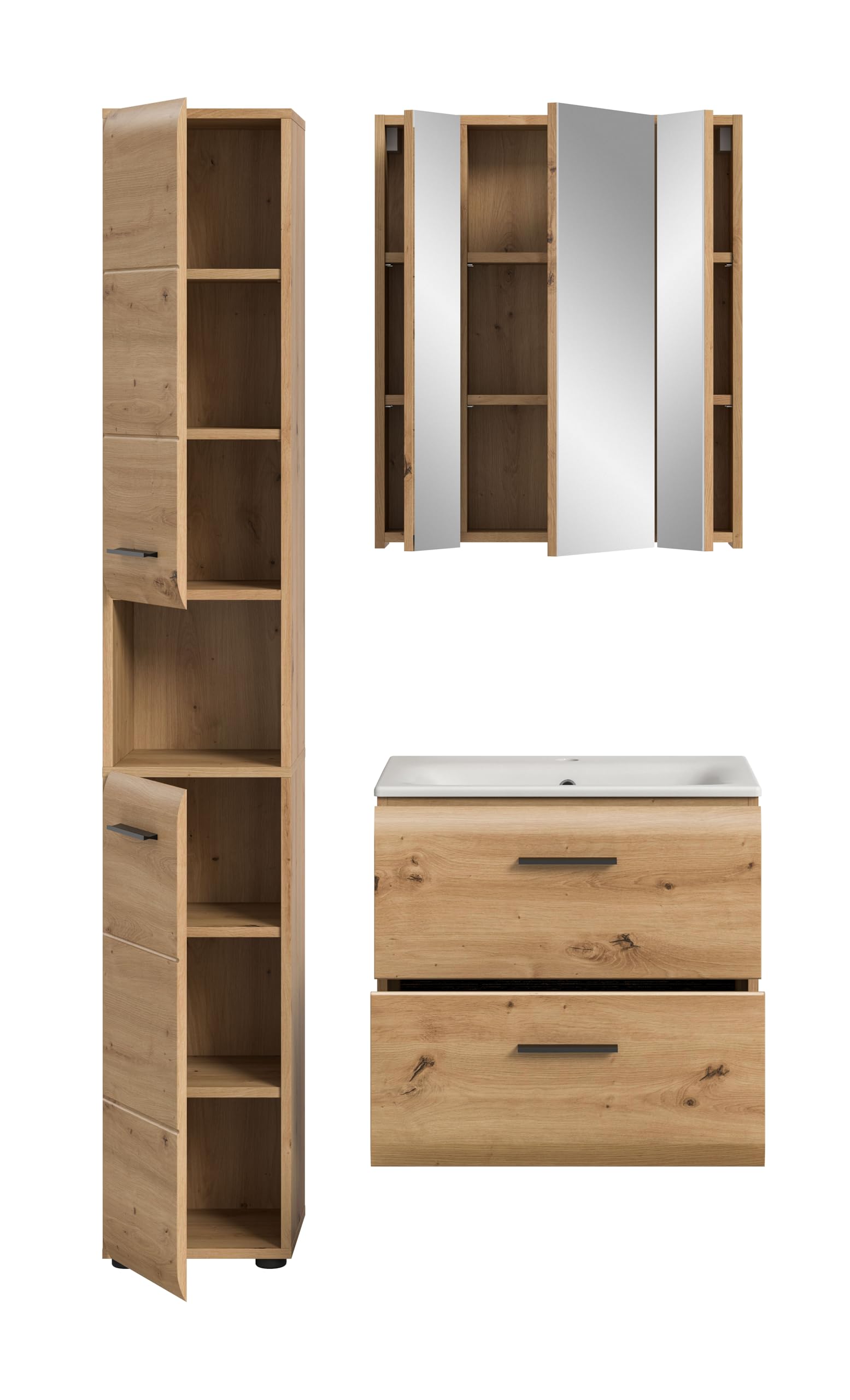xonox.home – 3 TLG. Badmöbel-Set Ice 105x185x46 cm in Korpus und Front Artisan Oak Nachbildung – Zeitgemäße Kombination für Dein Bad – funktional – Bild 3