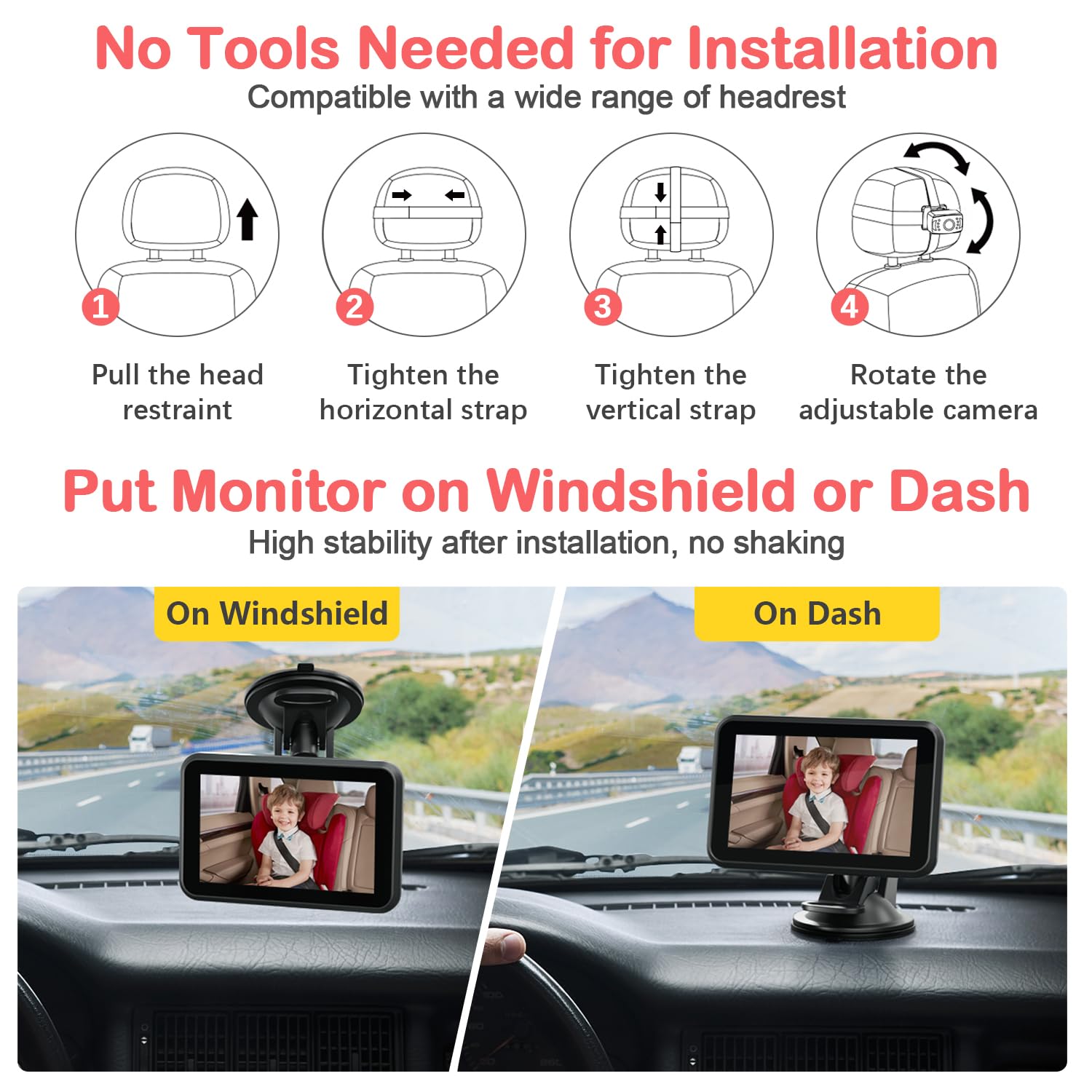 Itomoro Cámara de coche para bebé, 4.3 pulgadas, 1080P, visión nocturna, monitor de bebé con cámara en 5 minutos, fácil instalación, visión amplia cristalina para asiento trasero ACZ407