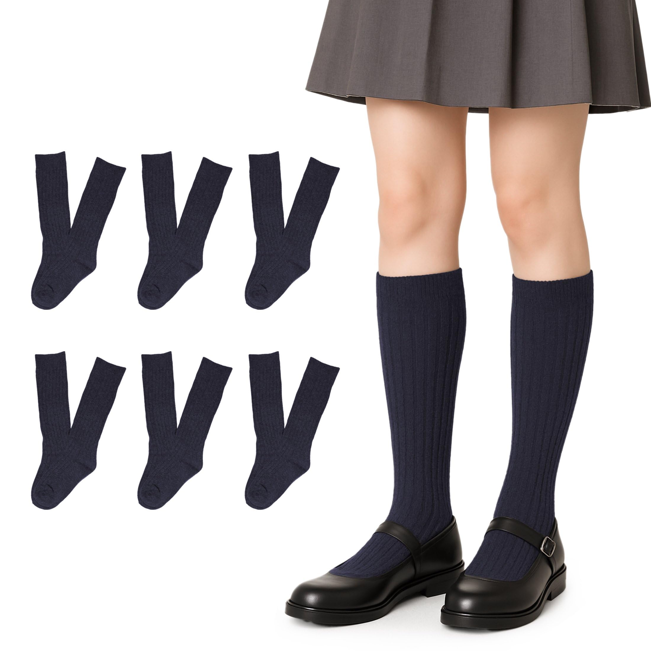 SHANN Calcetines Larga y corta Clásicos Unisex para Niño, Niña, Adultos. 80% Algodón, Transpirables. Pack 6 Pares Calcetines para Uniforme de Colegio, Instituto, Calcetines Altos Algodón