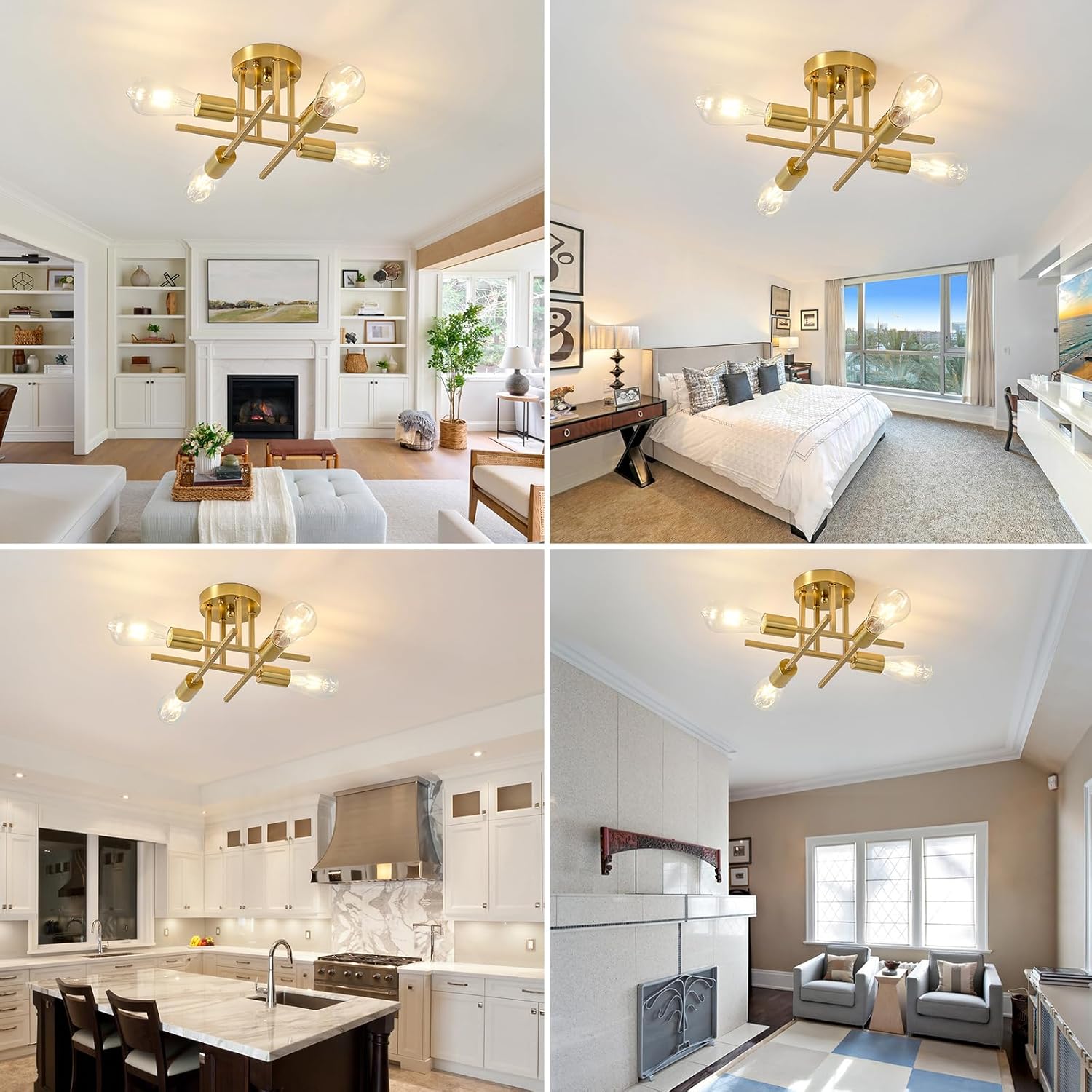 EGM 4-Light Bedroom Light Fixture, Gold Sputnik Ceiling Light Fixture with E26 Bulb Base, Modern Semi Flush Mount Ceiling Lamp for Dining Room Foyer Kitchen Living Room (2 Pack)