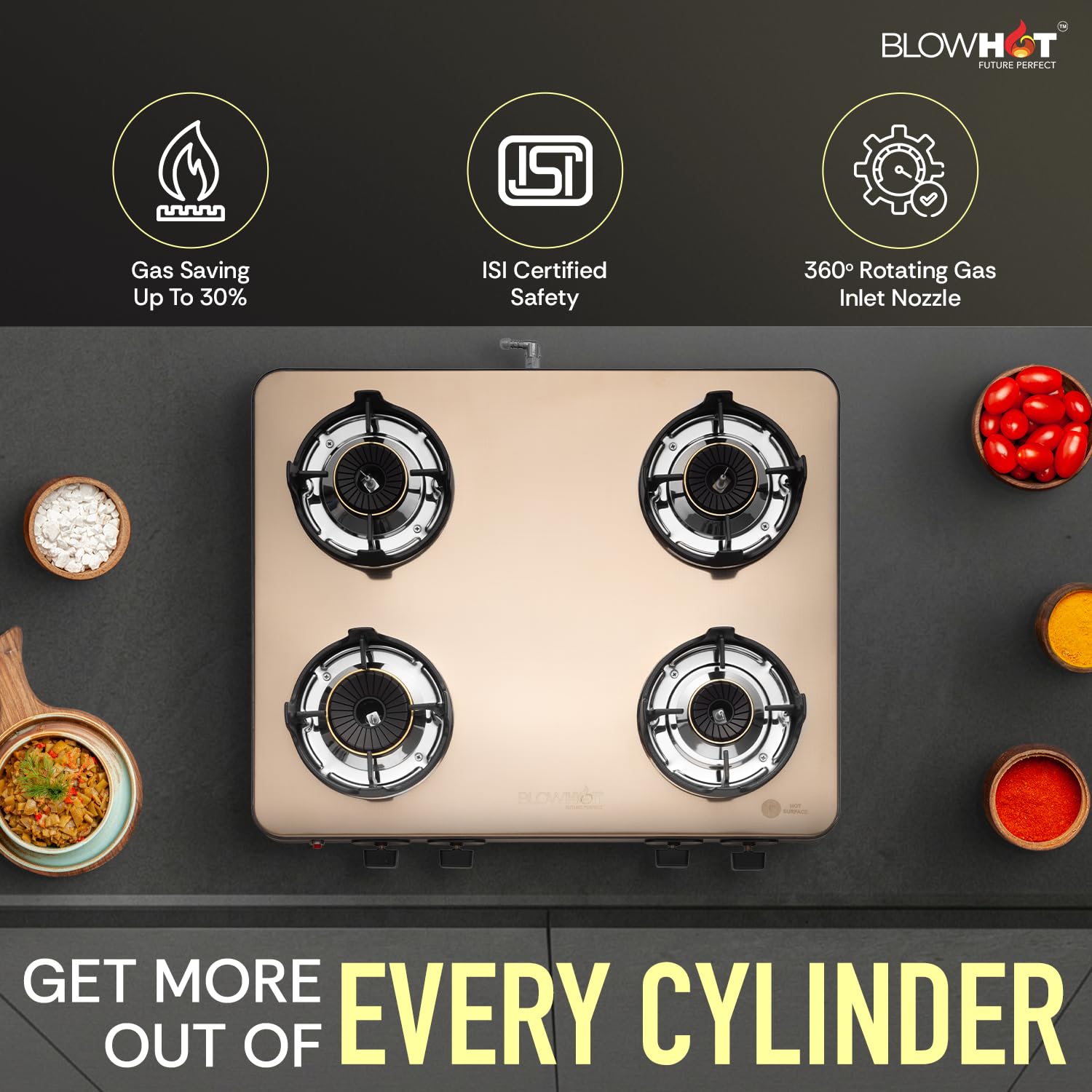 BLOWHOT Crystal 4 Burner Gas Stove - Auto Ignition -4 BLOWHOT Crystal 4 Burner Gas Stove - Auto Ignition -4