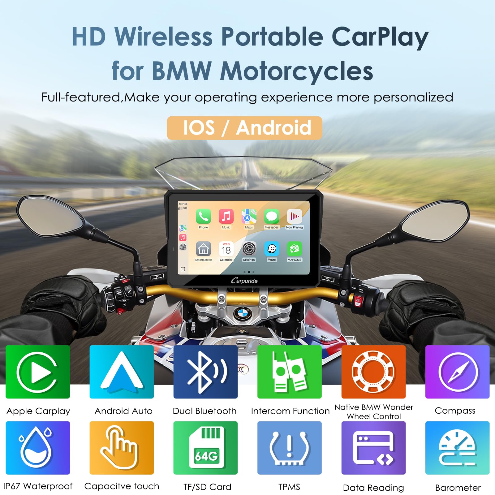 Carpuride W702BS Pro Moto Carplay Display met Wonder Wheel voor
