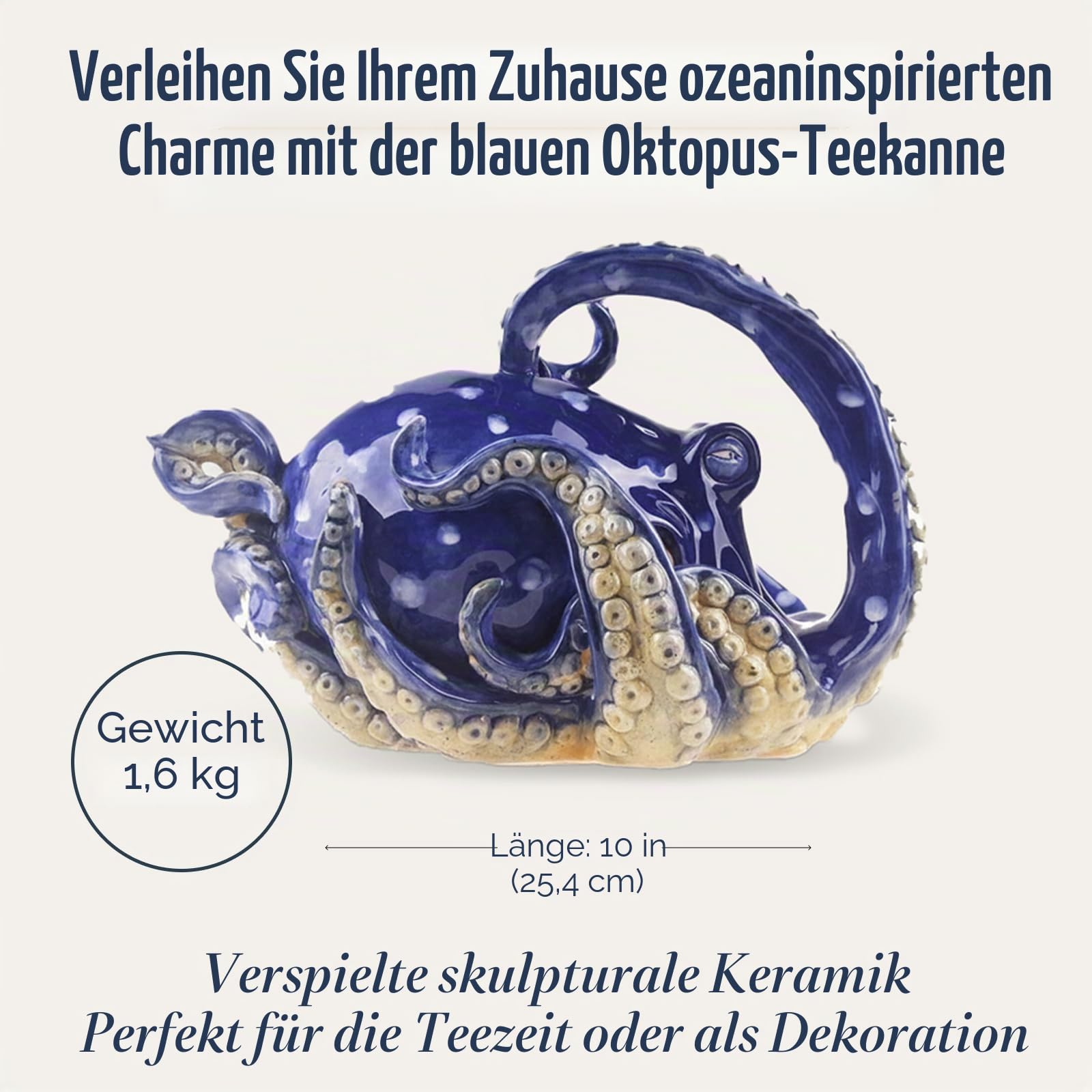 Blue Sky Ceramic 10" x 7" x 6.5" Blue Octopus Teapot