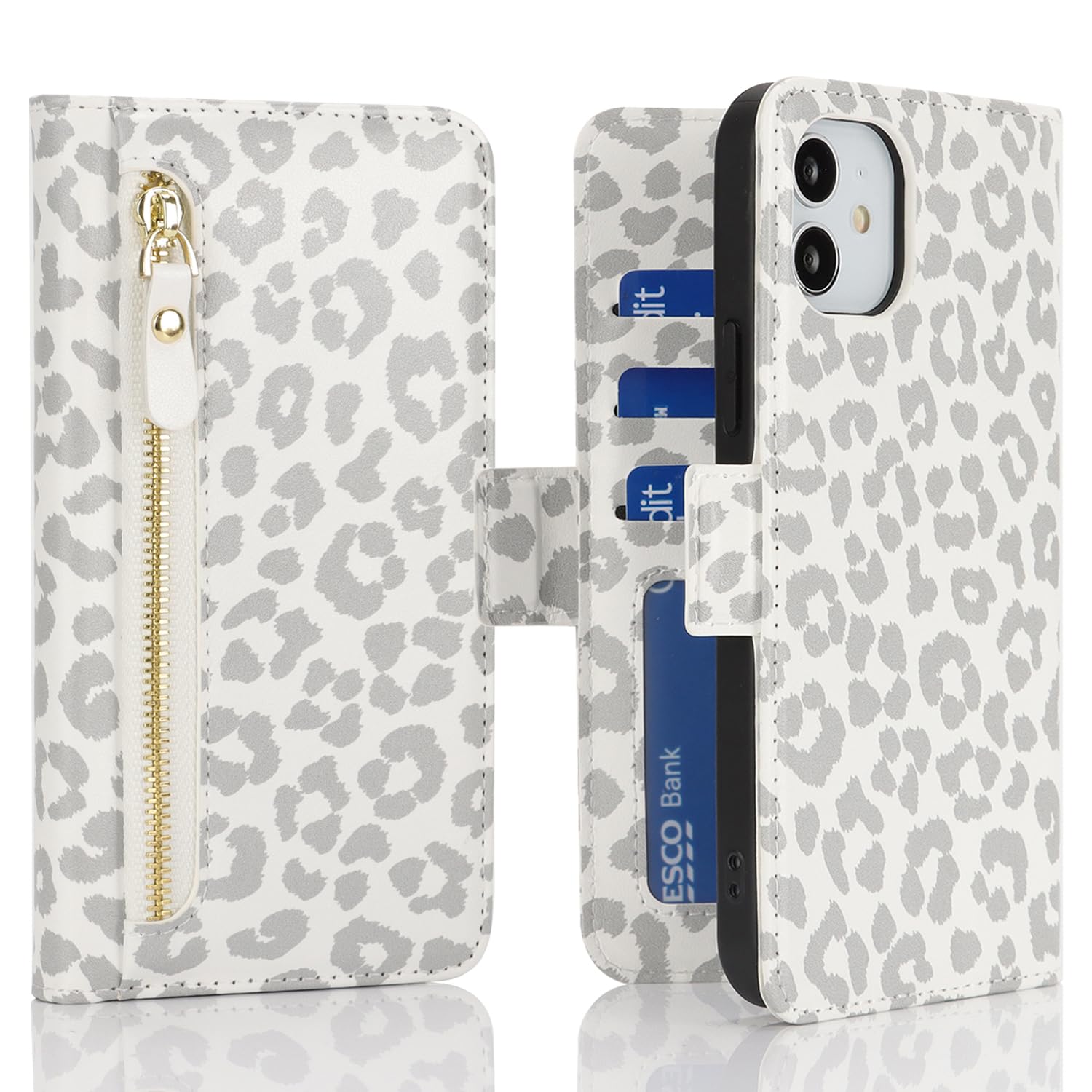 Havaya for iPhone 11 Phone case with Card Holder iPhone 11 case Wallet Zipper for Women Men PU Leather Flip Folio Credit Card Slots Stand Shockproof Phone Cover(6.1")-White Leopard Print