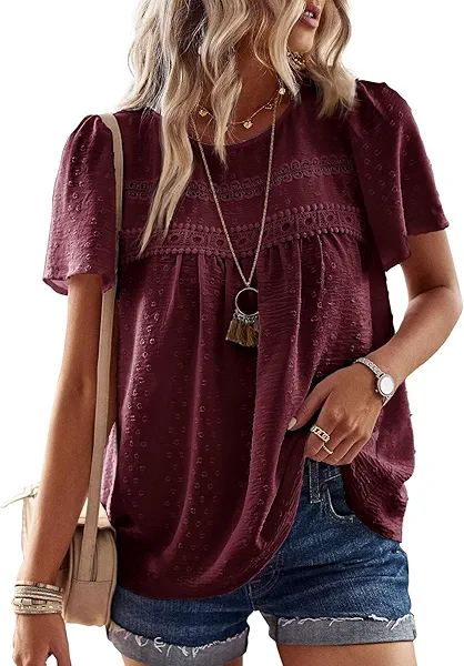 Falechay Womens Summer Tops Crewneck Short Sleeve Shirts Casual Chiffon Blouses Flowy Lace Hem Boho Clothing Trendy 2025