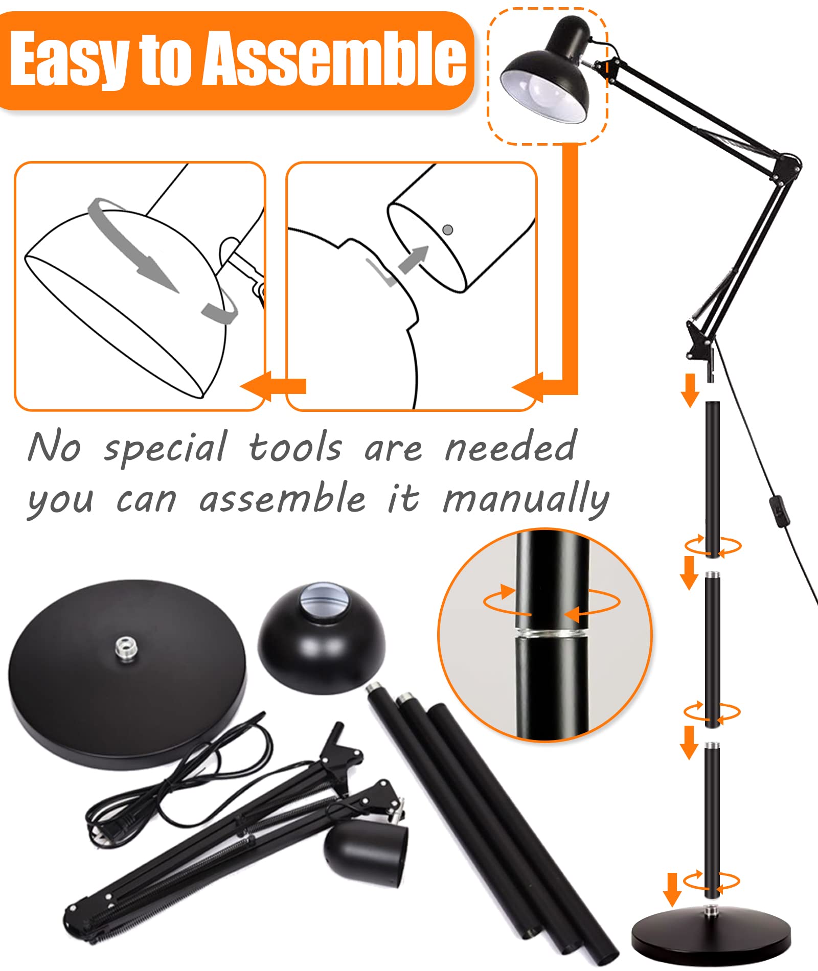 Adjustable Reptile Heat Lamp Stand Fixtures for Terrarium with Switch and Lamp Shade, 15.4-71 inch Metal Light Stand Fixture, 360° Rotatable Floor Lamp Holder for Reptile UVB Lights Heat Lamp Bulb…