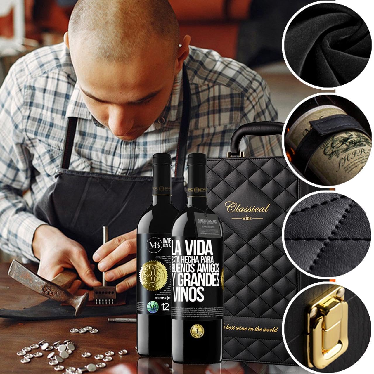 «La vida está hecha para buenos amigos y grandes vinos» Mensaje en una Botella. Estuche-Maletín de LUJO 2x Vino Tinto Premium Reserva 12 Meses y Set de 4 Accesorios. Etiqueta Negra PERSONALIZABLE