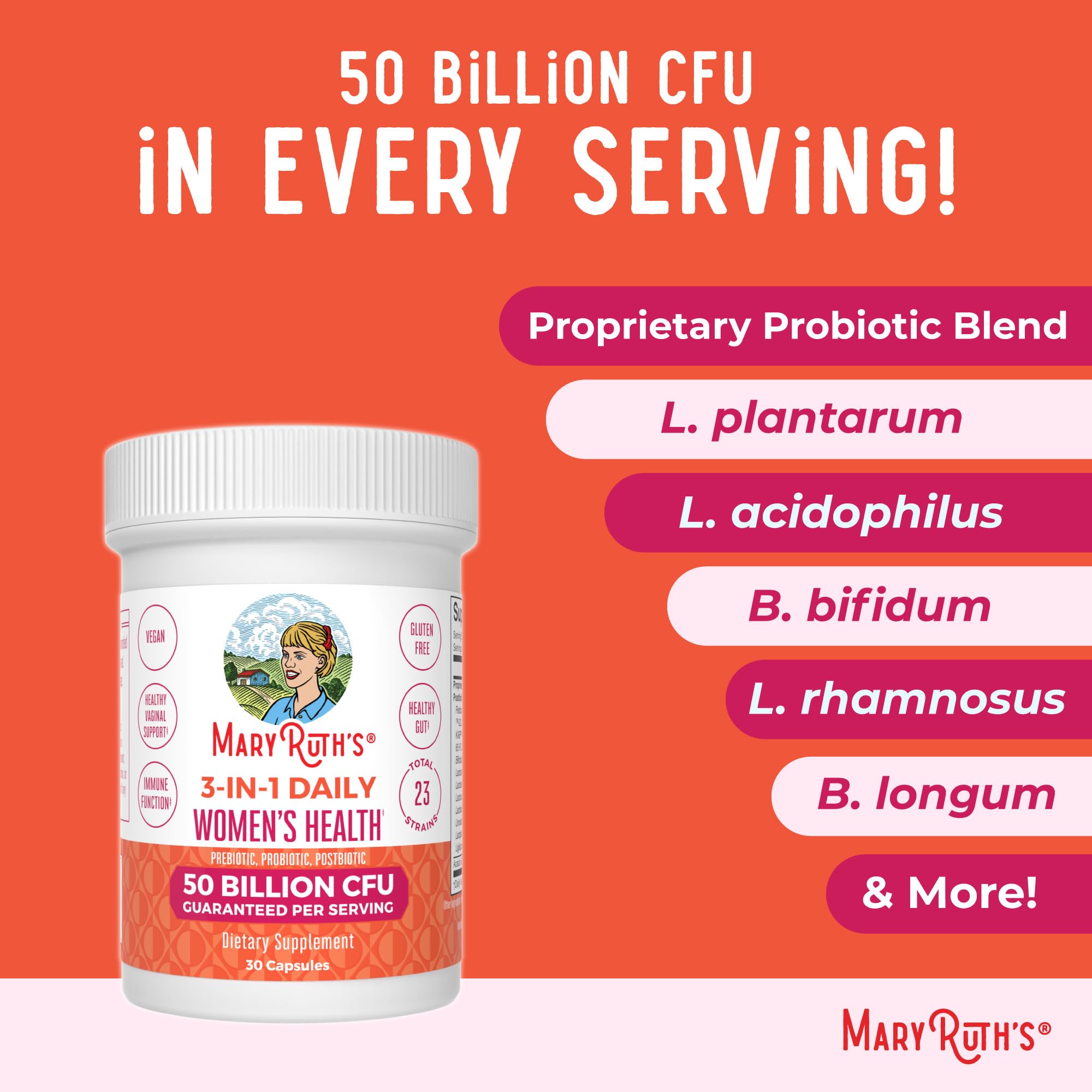 MARYRUTH'S 3-in-1 Daily Health Probiotics + Postbiotics for Women | Hormone Support & Gut Health Supplement for Women | Women’s Probiotic Supports Vaginal Health | 50 Billion CFU | Vegan | 30 ct — Amazon image 7