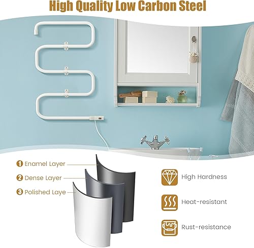 Miniatura 3 de COSTWAY Calentador de toallas con calefacción, independiente y montado en la pared, con interruptor integrado, protección contra sobrecalentamiento