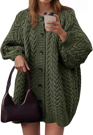 Saodimallsu Womens Cable Knit Cardigans Oversized Chunky Button Down Long Lantern Sleeve Crew Neck Warm Sweater Dress
