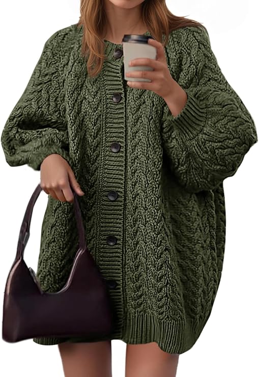 Saodimallsu Womens Cable Knit Cardigans Oversized Chunky Button Down Long Lantern Sleeve Crew Neck Warm Sweater Dress