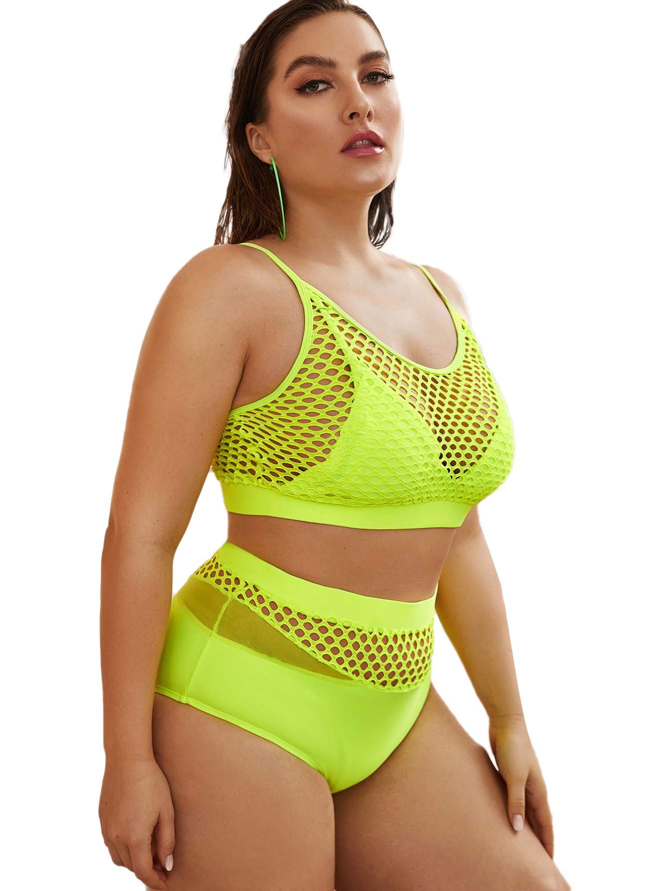 Floerns Women's Plus Size Splice Fishnet Cami Top and High Waist Bikini Set A Neon Green 1XL