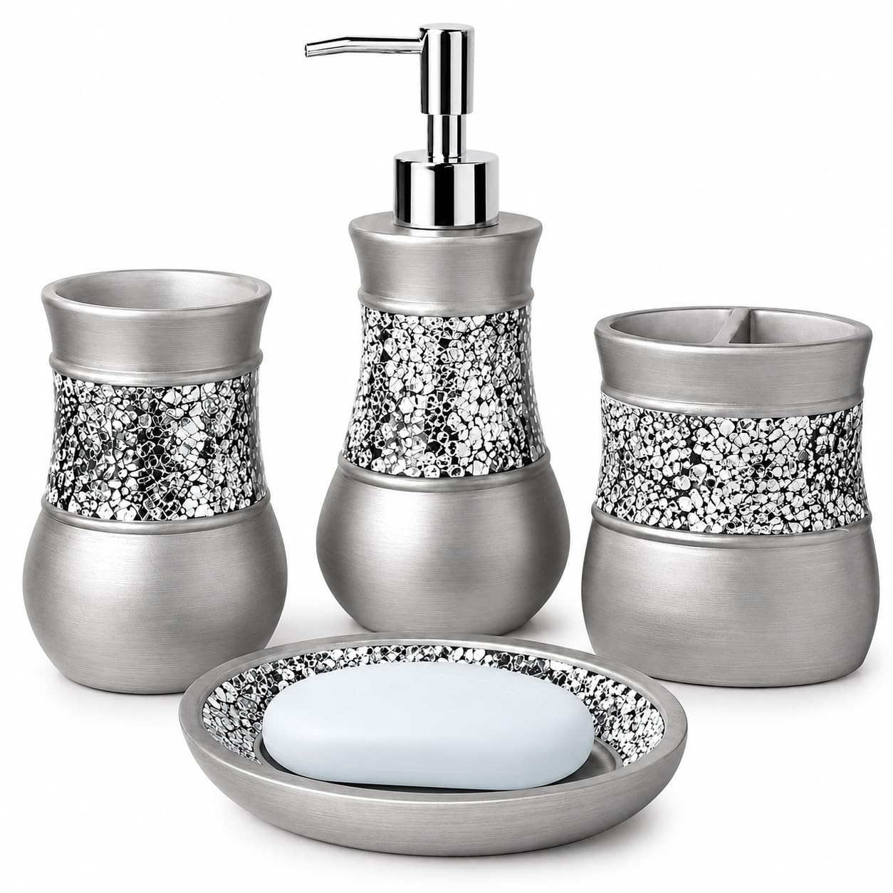 Creative Scents 4 Pc. Resin Bathroom Accessory Set | Silver Crackled Glass
