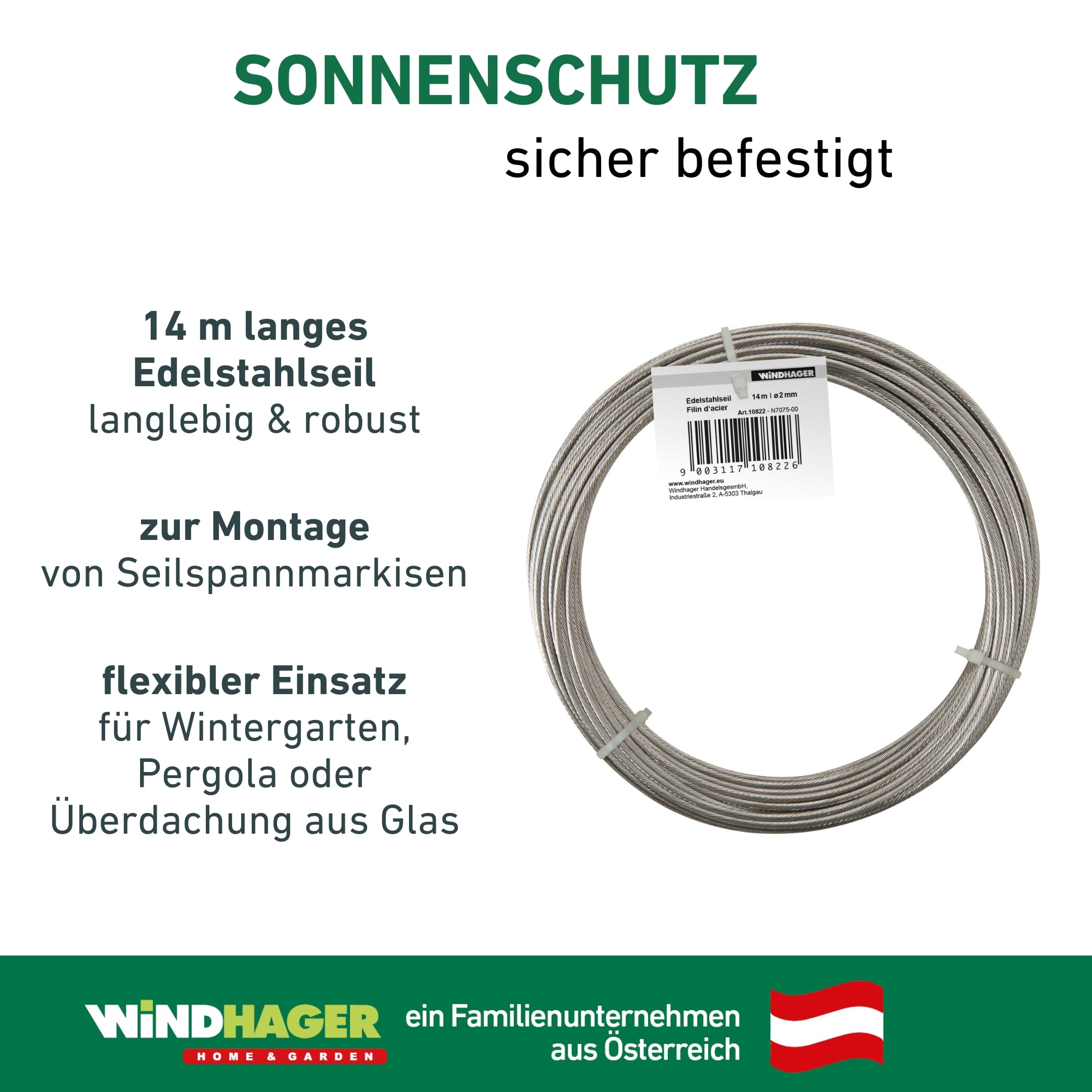 Windhager Edelstahlseil zur Montage und Spannen von Seilspannmarkisen und Sonnensegeln, 14m x 2mm, 10822, silber