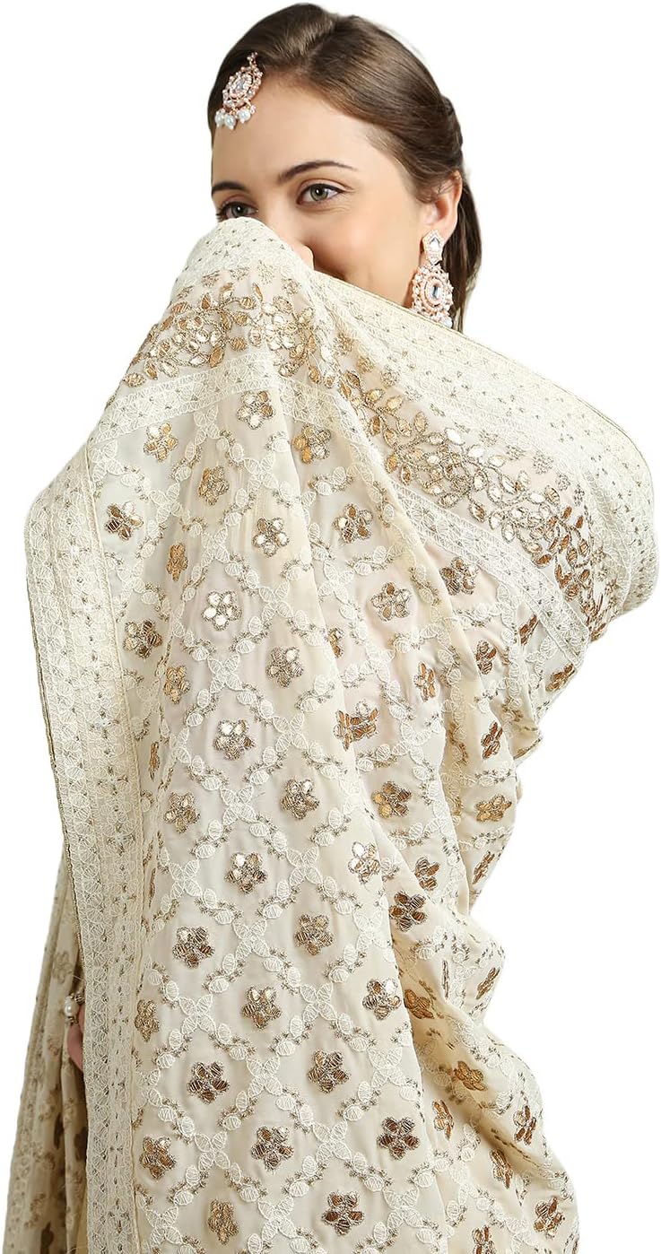 DUPATTA BAZAAR Women's Cream Georgette Lucknowi Work Dupatta With Gotta Patti Work Free Off White