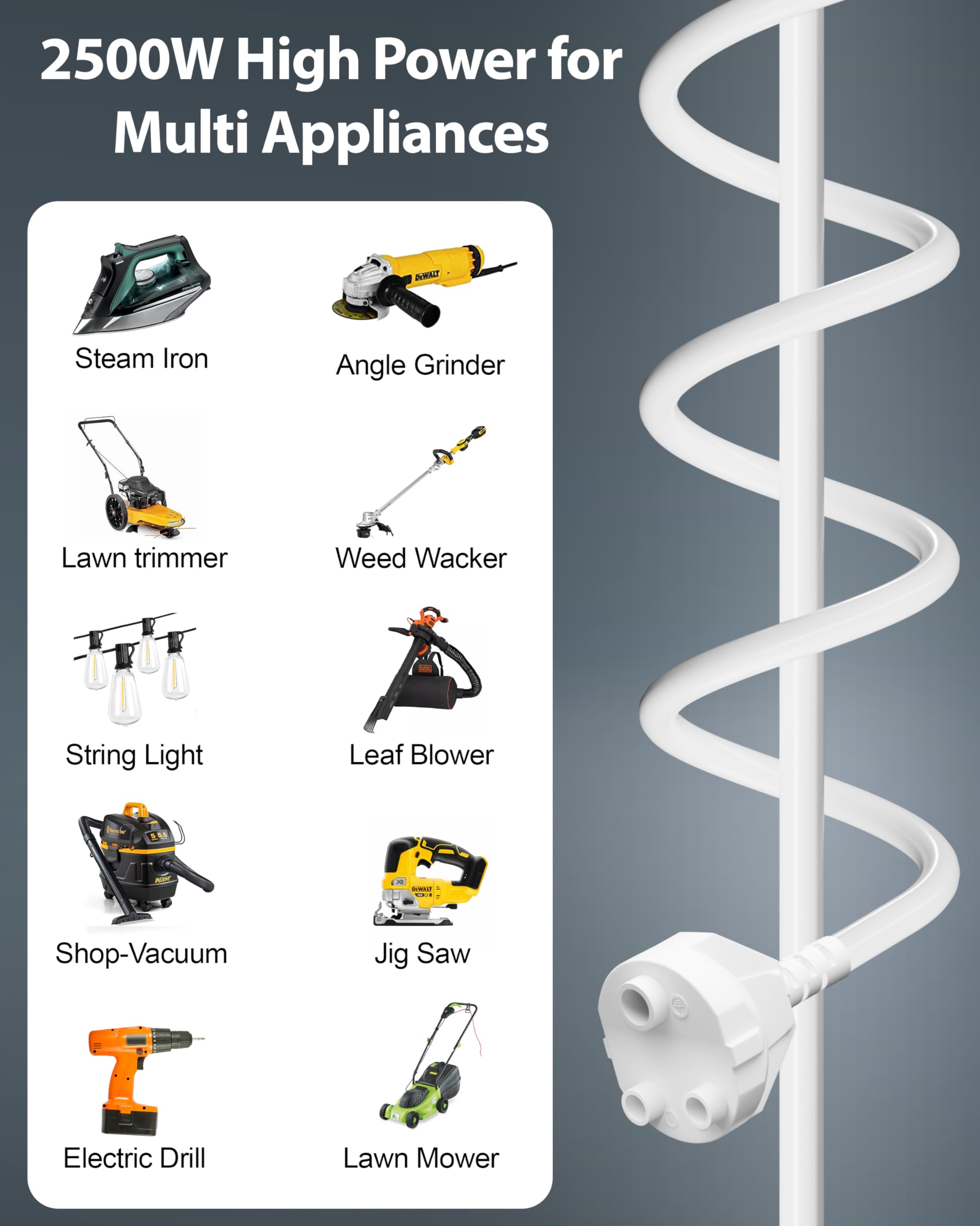 FEDUS Long 18AWG Heavy Duty Male to Female 3 Pin Power Extension Cord Wire, 10amp Indoor Outdoor Power Extension Electrical Extender Power Cable for appliances, Electronics, and Tools 3 Meter White — Amazon image 2