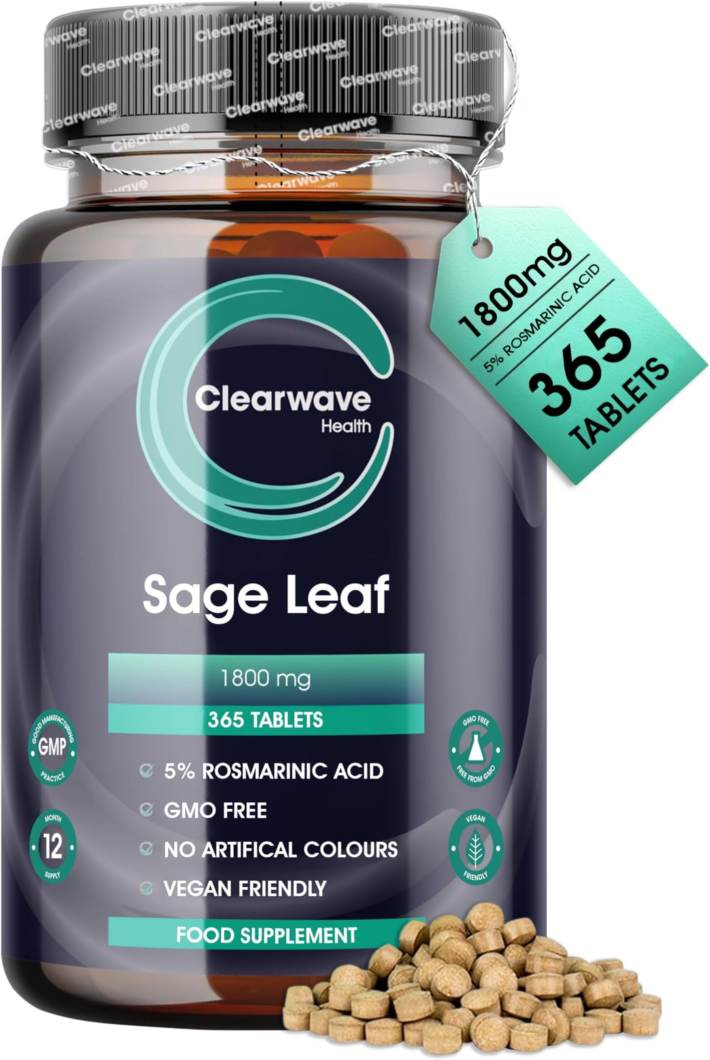 Sage Tablets - 365 Pack - 1 Year Supply - 1800mg High Strength Sage Leaf Tablets - Menopause Support - Vegan - Clearwave Health
