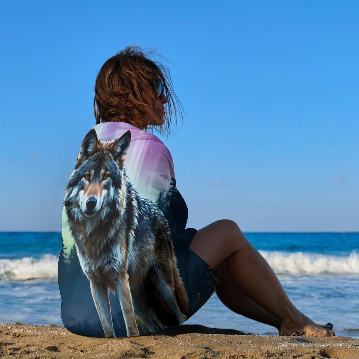 Wolf and Moon Oversized Beach Towel Soft Absorbent Pool Bath Swim Towels for Adults Travel Vacation Gifts 130x80cm