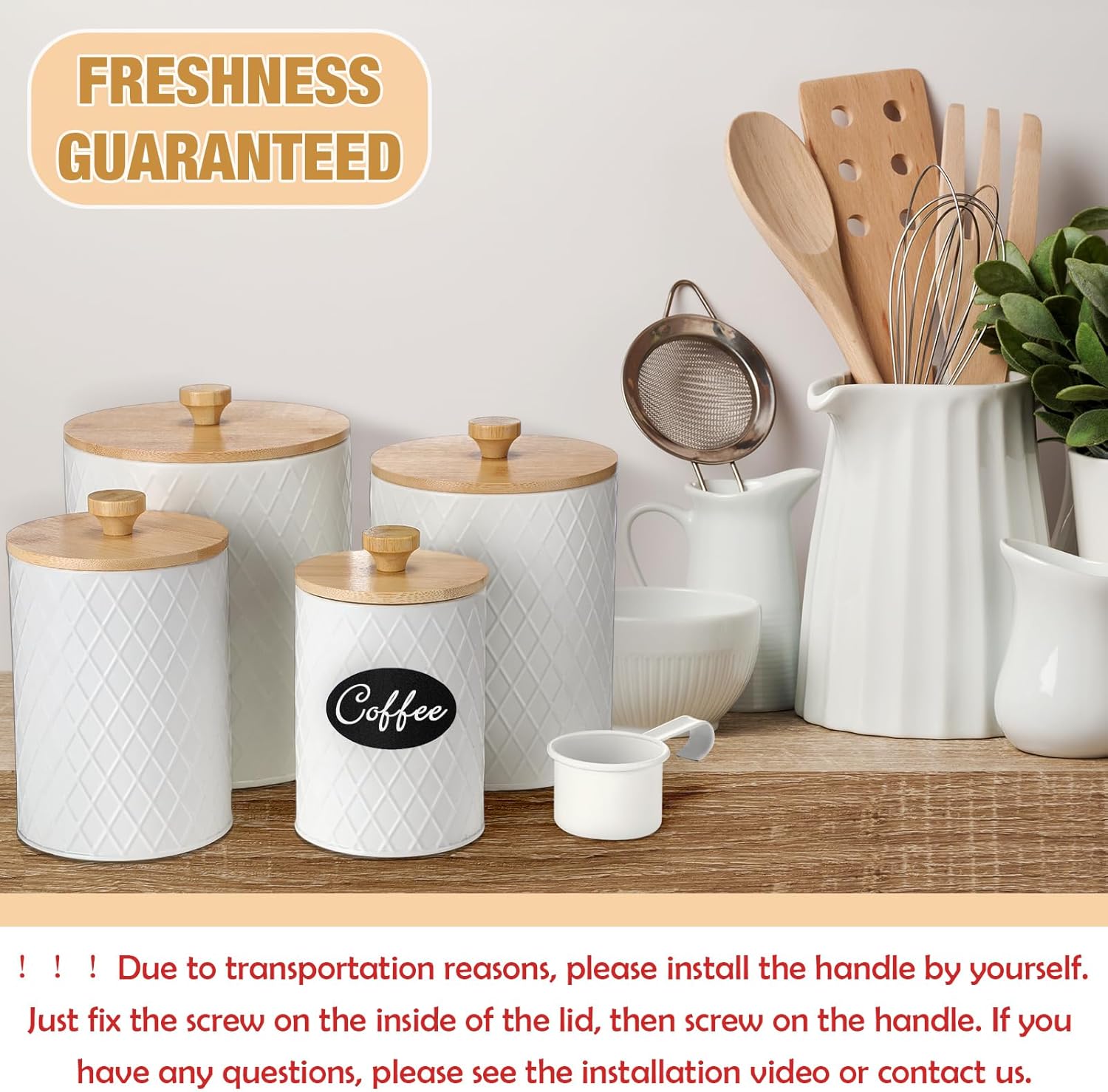 Teenyyou Metal Kitchen Canisters Set with Bamboo Lids and Spoon Airtight High Capacity Coffee Tea Sugar Flour Jars with DIY Labels Farmhouse Extra Large Storage Containers for Kitchen(4 Set,4 Sizes)