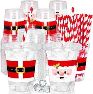 50Pcs 12Oz Christmas Disposable Plastic Cups with Lids and Straws Santa Claus Belt Cold Beverage Drinking Cup for Winter Holiday Xmas Party Favor Supplies