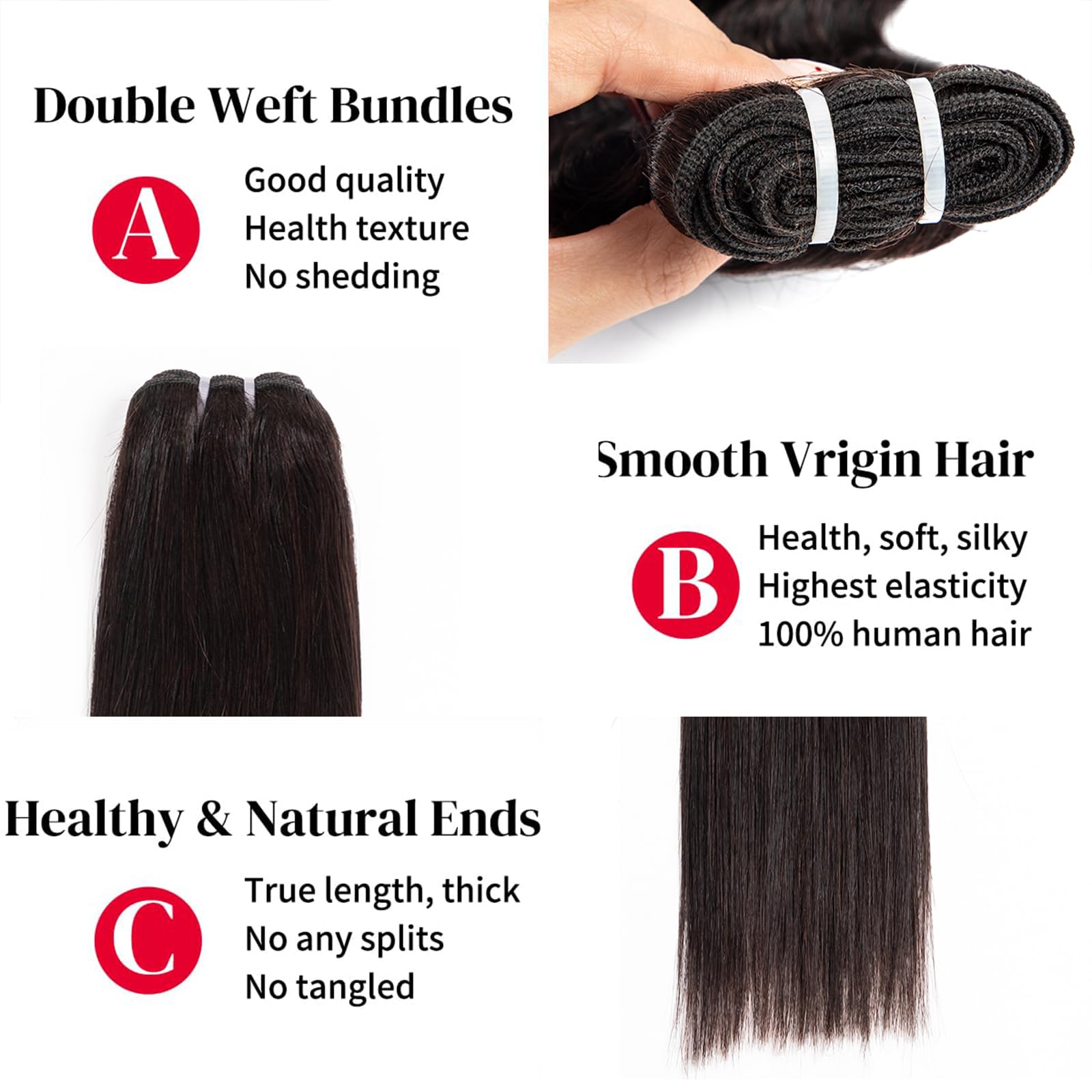 Qiyazai 16 18 20 Inch Human Hair Bundles Straight, 3 Bundles, 100% Unprocessed Brazilian Raw Virgin Hair, Sew-In Installation, Black - Image 2