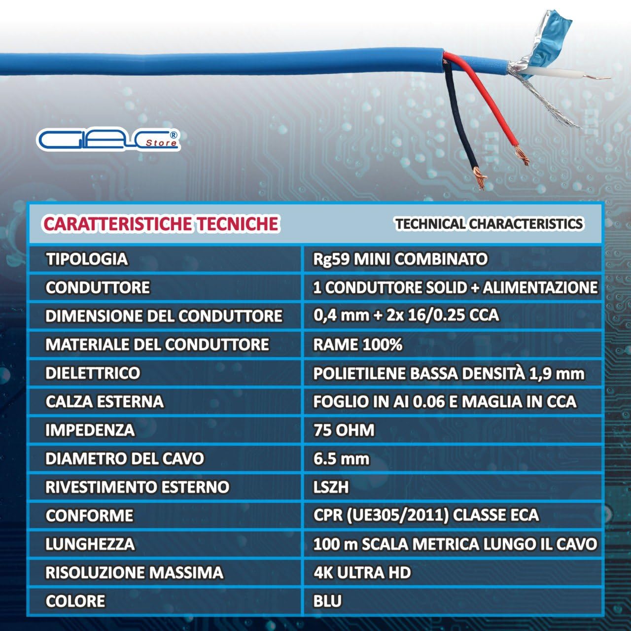 Cavo Coassiale Mini RG59, 100m, Video e Alimentazione Combinato, 75 Ohm, 4K Ultra HD, LSZH Blu