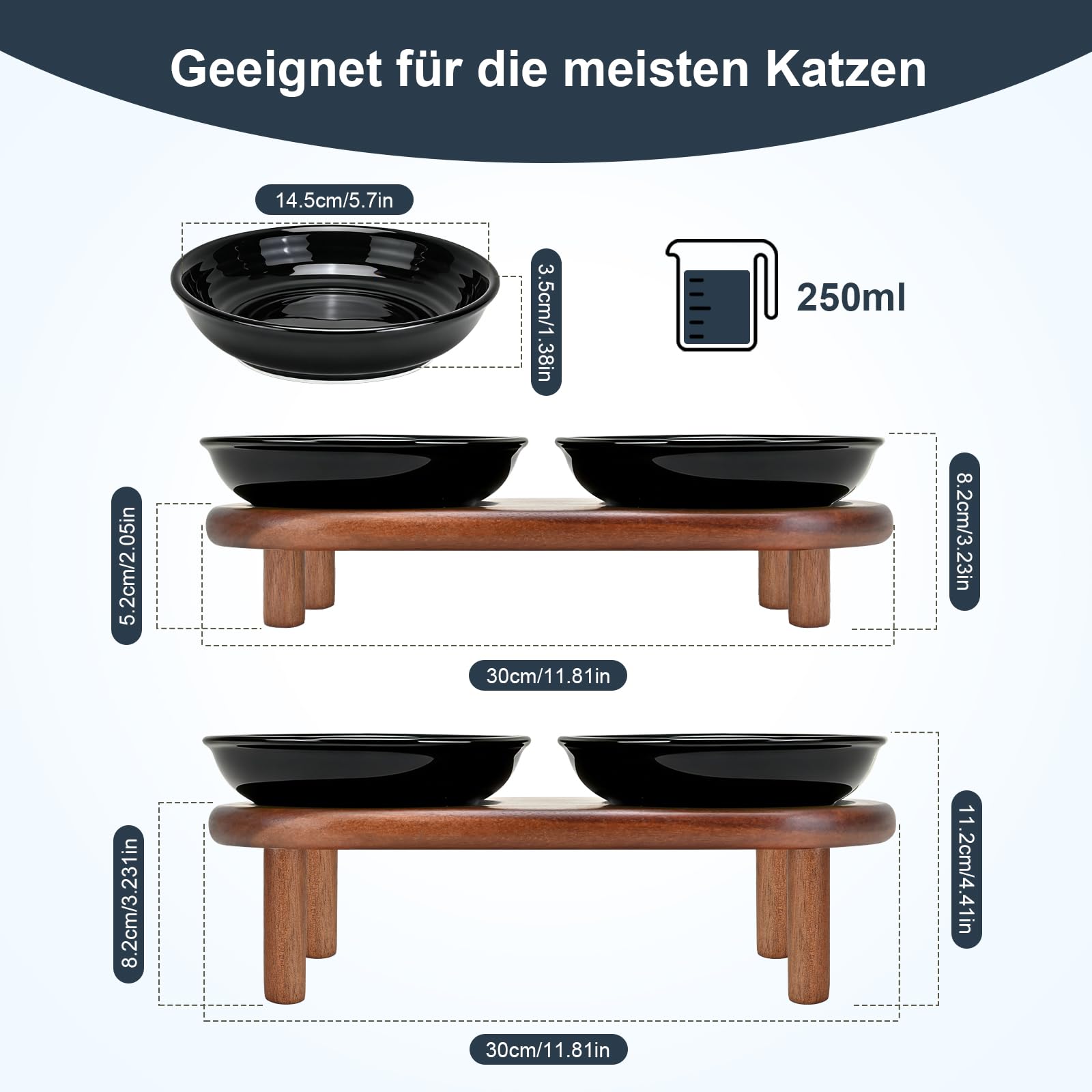 SPUNKYJUNKY Keramik Erhöhter Katzennapf mit Akazienholz Ständer Schnurrhaarfreundliche Katzen Futternapf Katze Futterstation (Katzenpfotenmuster, Schwarz)