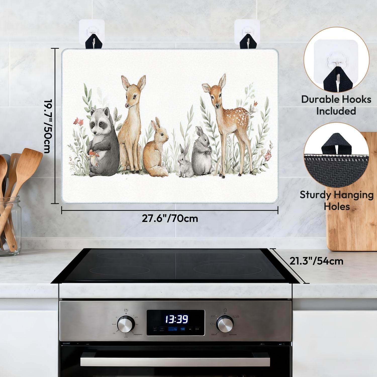 Stove Top Covers for Electric Stove Watercolor forest baby animals Raccoon deer hare squirrel flowers Glass Cooktop Burner Covers Heat Resistant Protector Kitchen Decor Keep Stove Clean 28''x20''