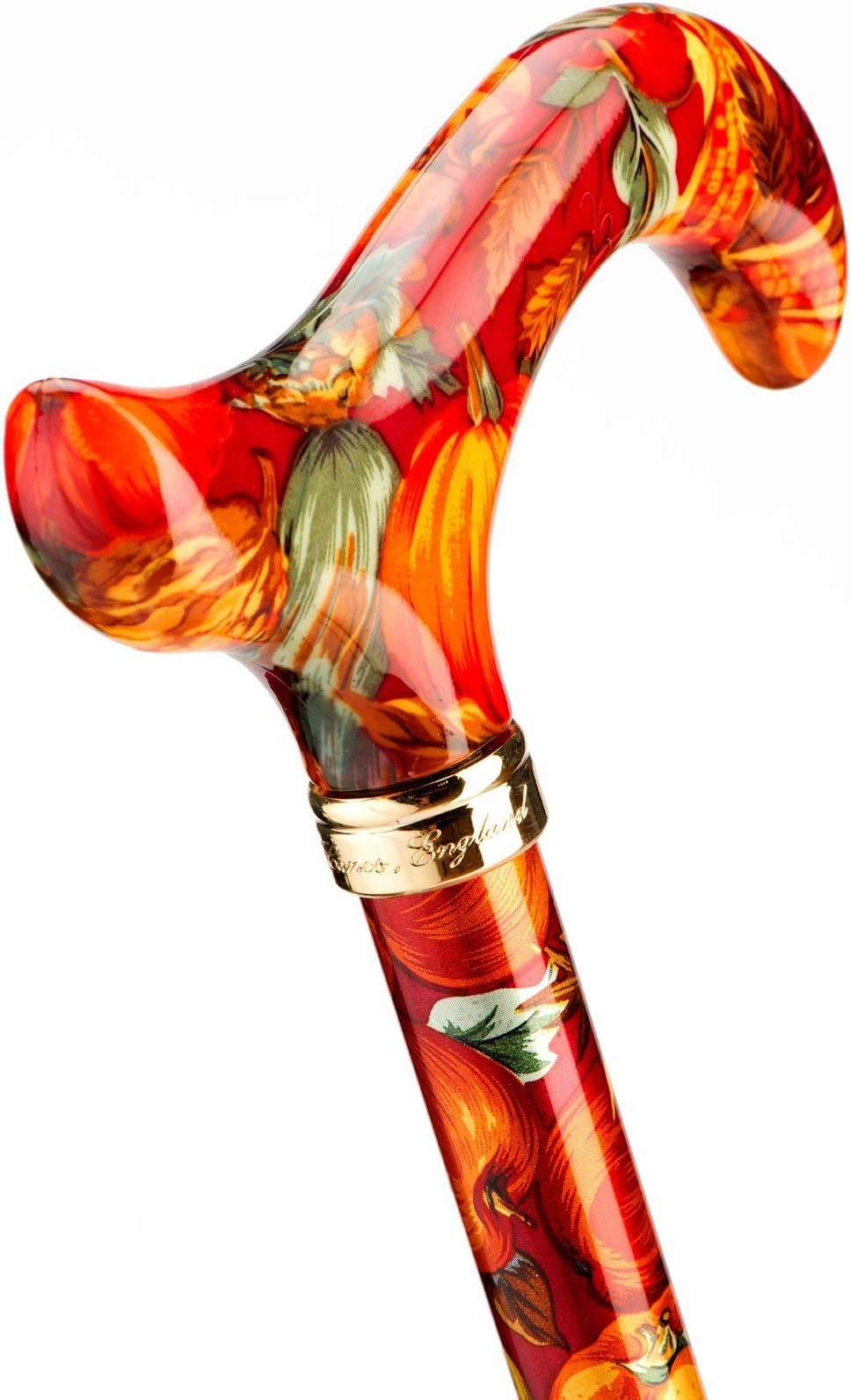 Thanksgiving, Sleek Acrylic Derby Handle Walking Stick with Colourful Autumn Patterns Attached to a Stick Made From Light Metal and Jewellery Ring/Height-Adjustable/with Slim Buffer.