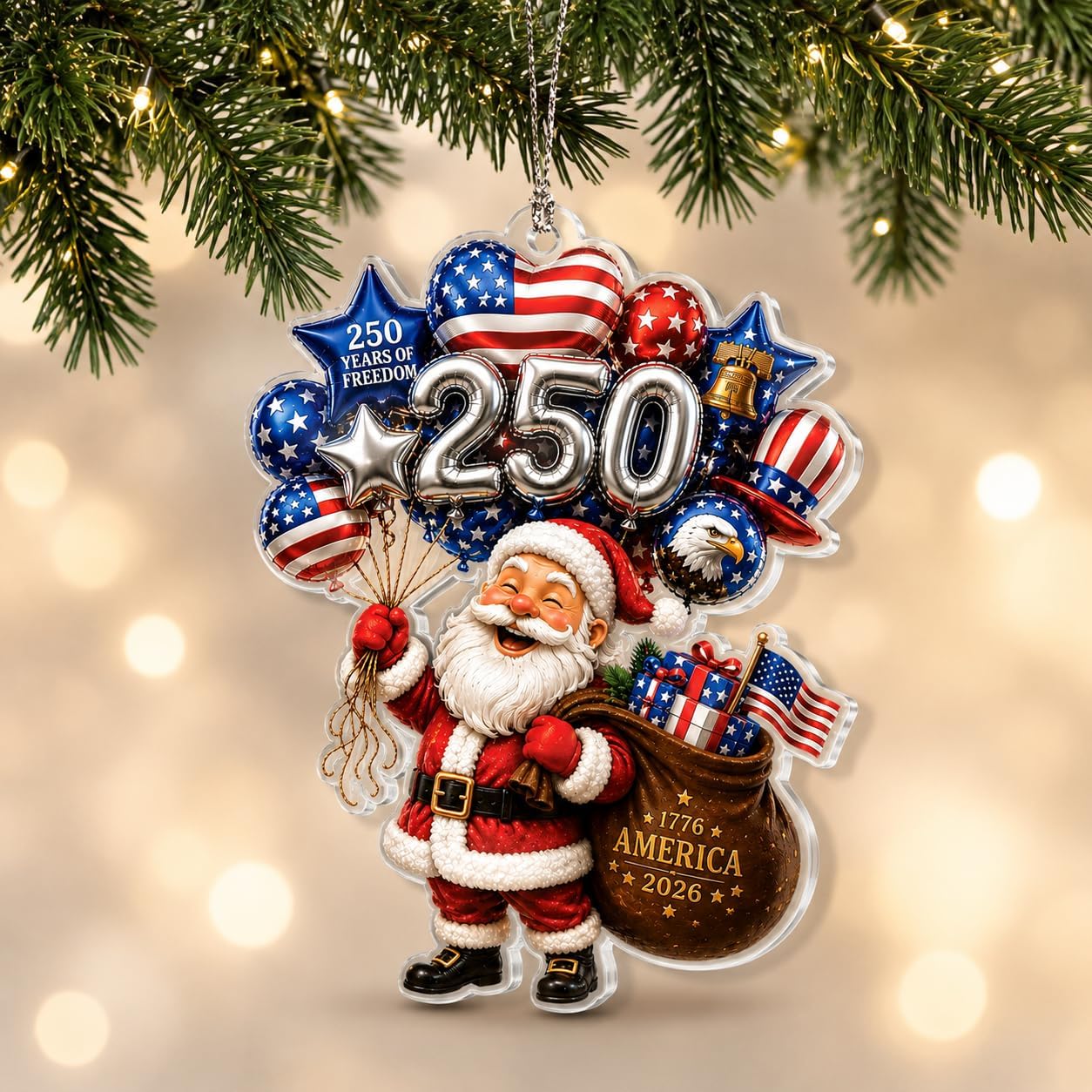 Santa Christmas Ornament, 250 Christmas Ornaments, Christmas Ornament 2026, 250 Anniversary Decor, Patriotic Holiday Keepsake, Festive Tree Decoration, Gift Idea