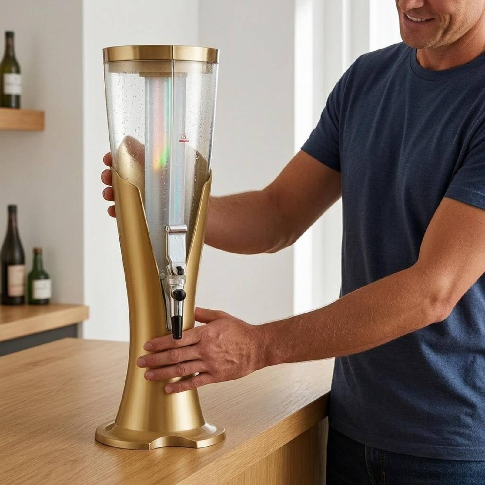 Biersäule Bier Zapfsäule Getränkespender Ausschankturm Zapfgerät mit Kühlröhre Und LED Licht Dicker für Geburtstagsfeier Vereinsheim Lounge Selbstbedienung, Silber, Silber