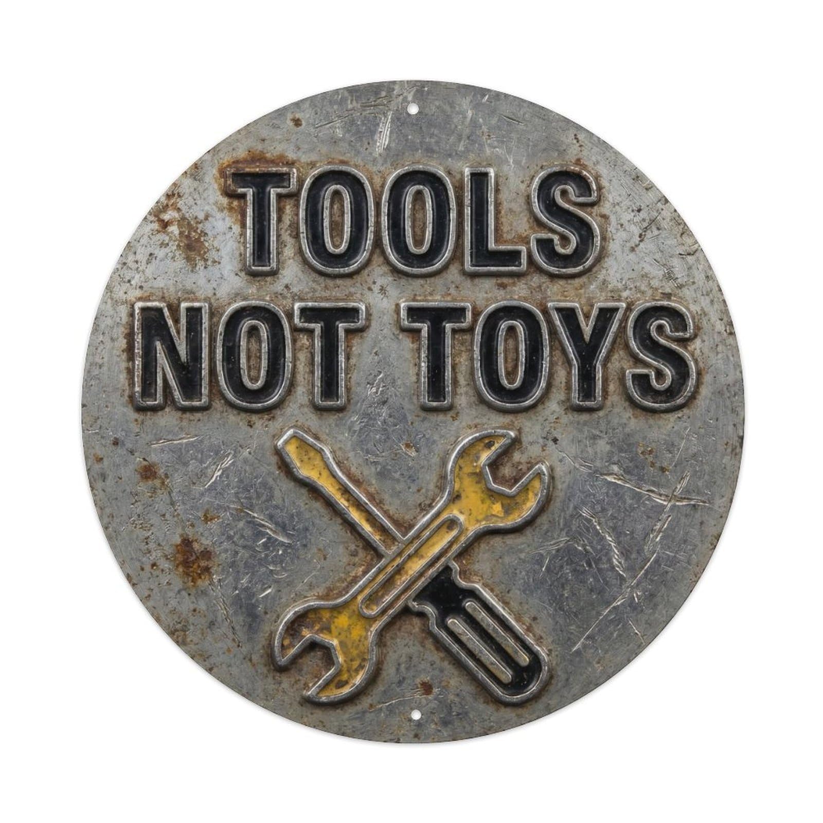 Tools Not Toys Vintage Round Man Cave Retro Slogans 1 Metal Tin Sign Plaque Wall Decor for Cafe, Club Bar, Office, Home Garden Round Metal Poster 8x8Inch