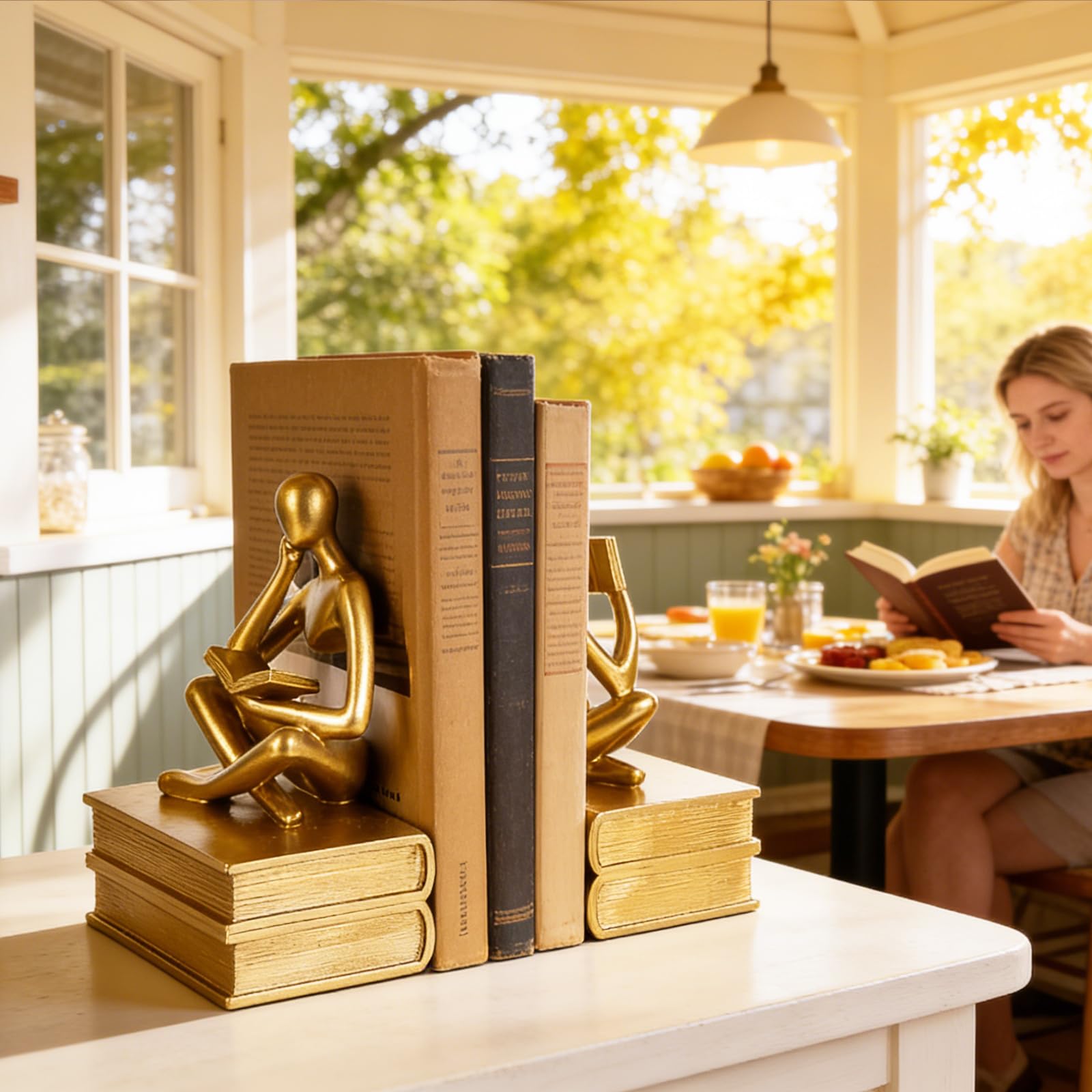 Reading Thinker Statue Buchstützen für Regale, dekorative Buchstützen für Buchliebhaber, einzigartiger Buchstopper für Home Office & Bücherregal-Dekor, modernes goldfarbenes ästhetisches