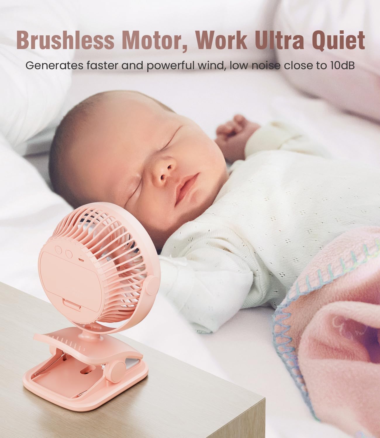 AA Battery Operated Clip on Stroller Fans, USB Powered Portable Desk Fan 4 Speeds Personal Golf Cart, Quiet, Small Table Fan, Free Angle Adjustable, Wireless, for Camping Hurricane Office Bed (Pink)