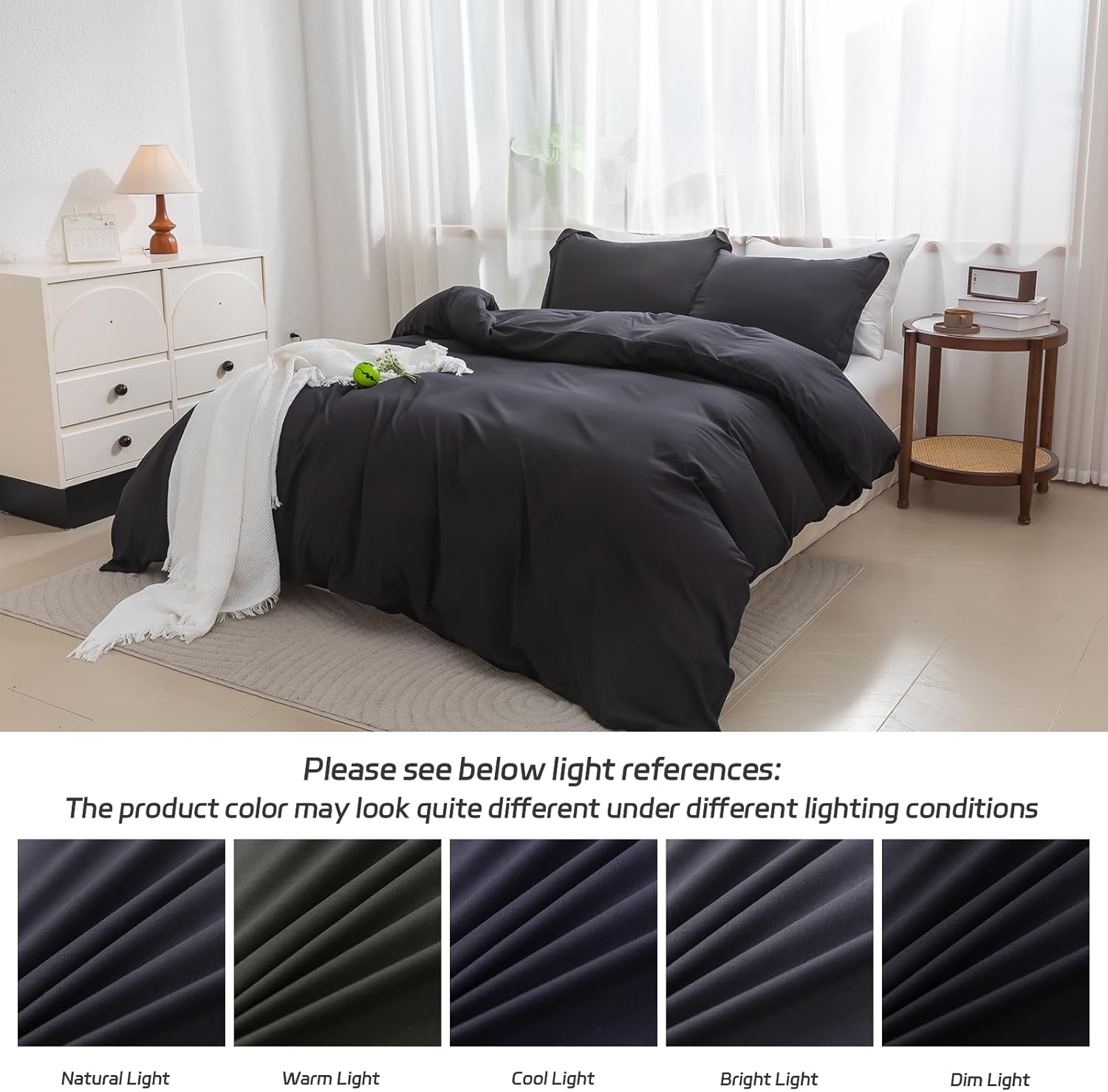 SheRest Black Duvet Cover King Size - Soft Brushed Microfiber, 3 Pieces, 1 Duvet Cover 104x90 Inches with Zipper Closure 8 Ties & 2 Pillow Shams, Breathable Bedding Set for All Season (No Comforter)