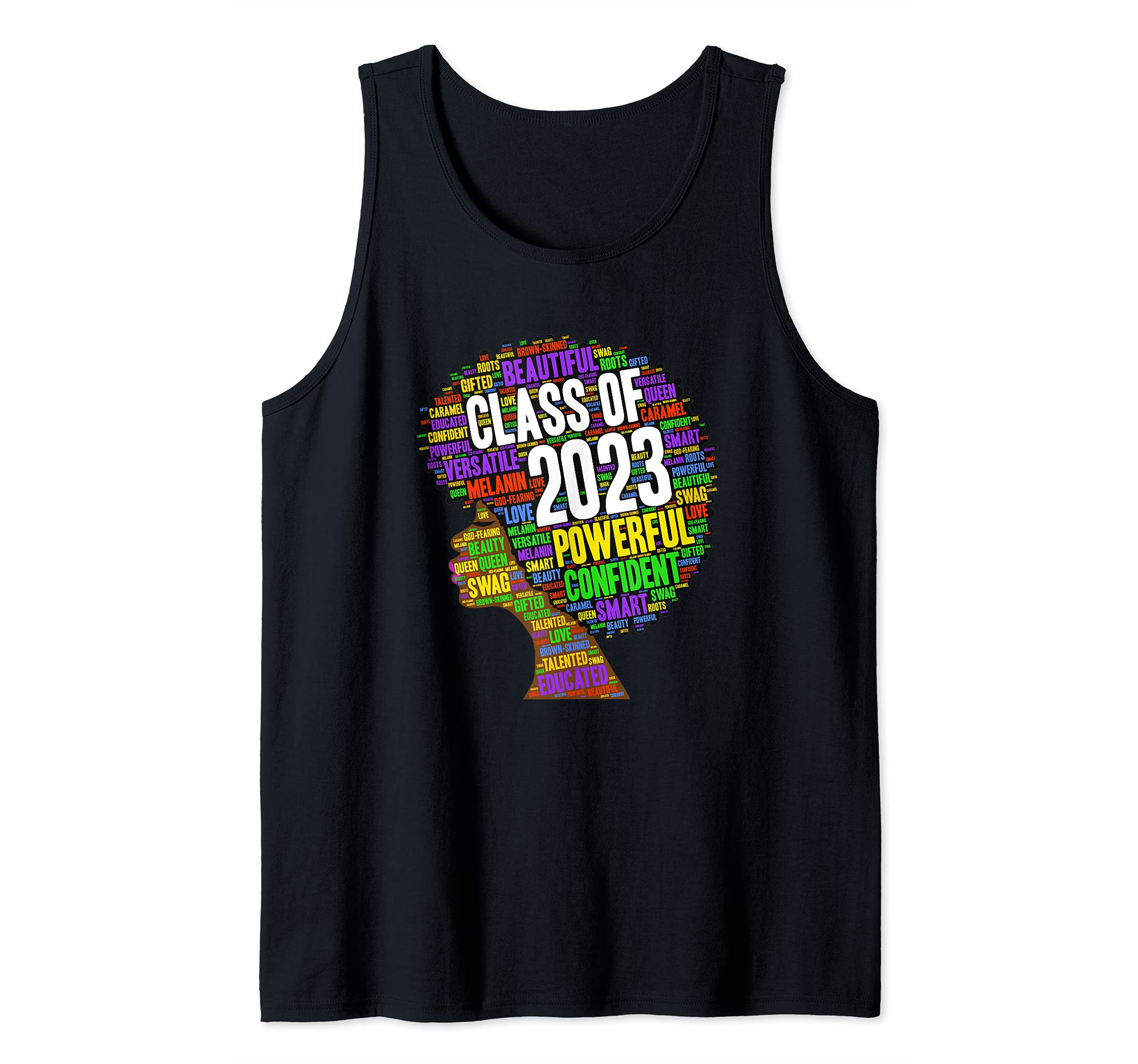 Class of 2023 Senior Words in Afro Black Woman Tank Top