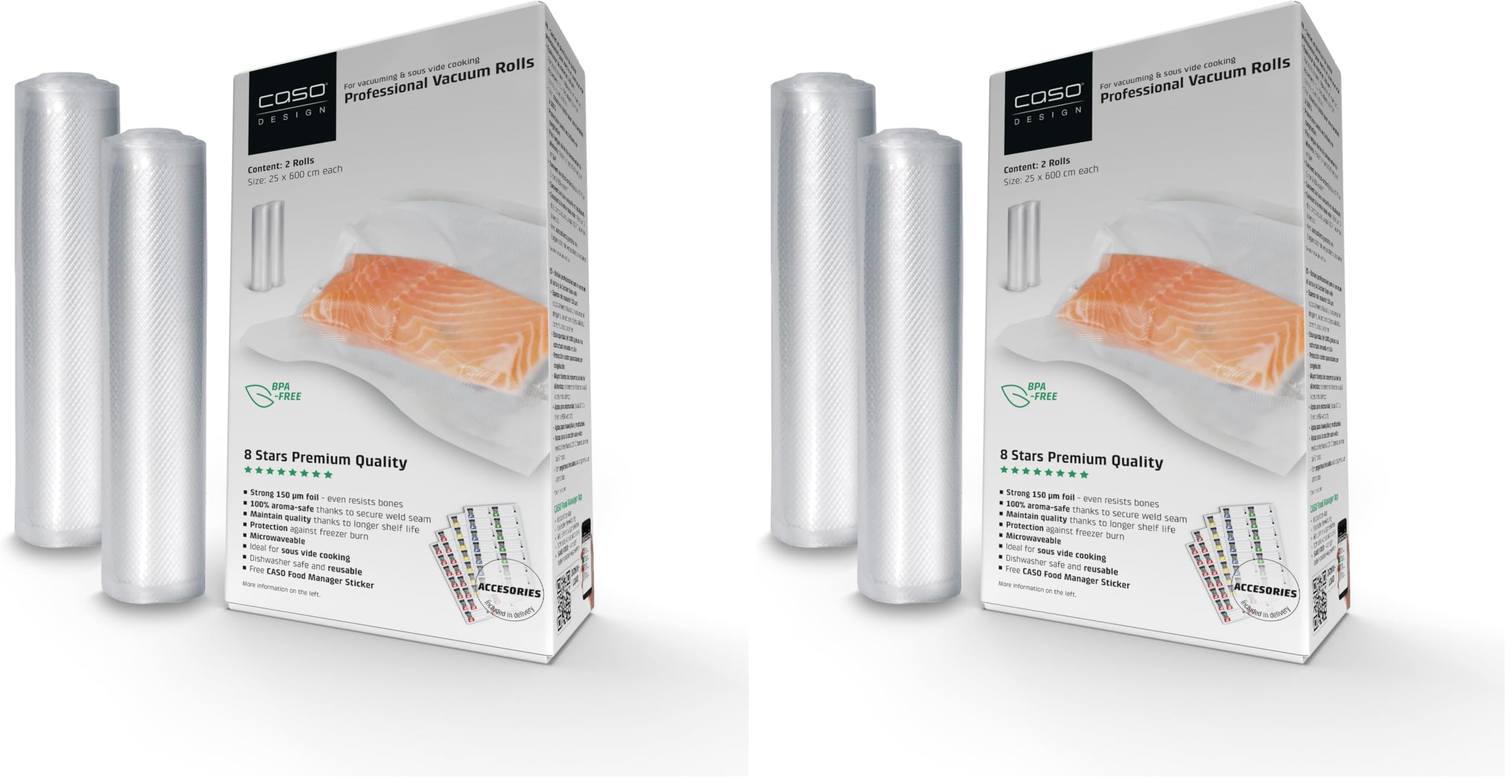 CASO 1223 Rouleau de film pour machine sous vide, transparent, 25 x 600 cm (Lot de 2)