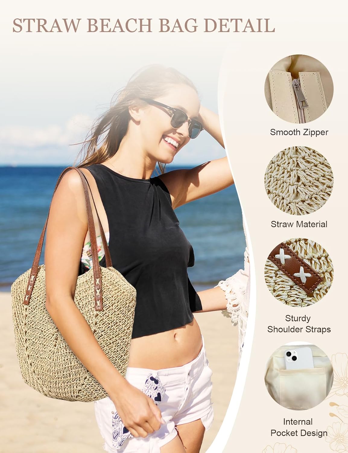 Beach Bags for Women with Zipper, Large Straw Bag Woven Tote Bag Straw Shoulder Bag for Summer Vocation - Image 2