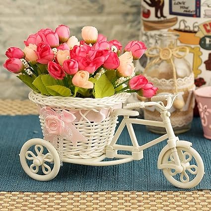 Anishop Plastic Cycle Shape Flower Vase with Peony Bunches for Centre Table, Bedroom, Living Room, Home Decoration (Red, Medium)