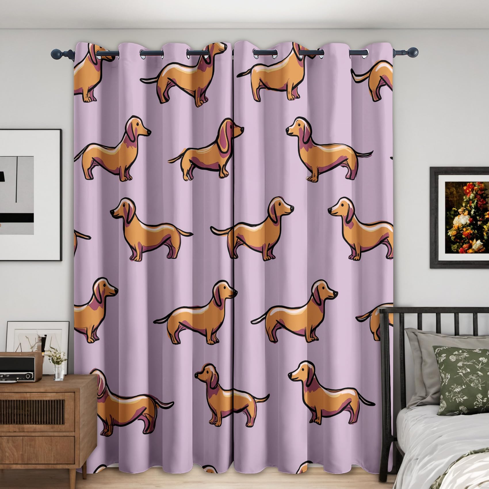 Dachshund Dog Curtains Blackout, 90x108 Inch 2 Panels - Cartoon Puppy Pattern Black Out Curtains, Home Decor, 108 Drop Eyelet Window Drapes for Bedroom, Living Room MS&180