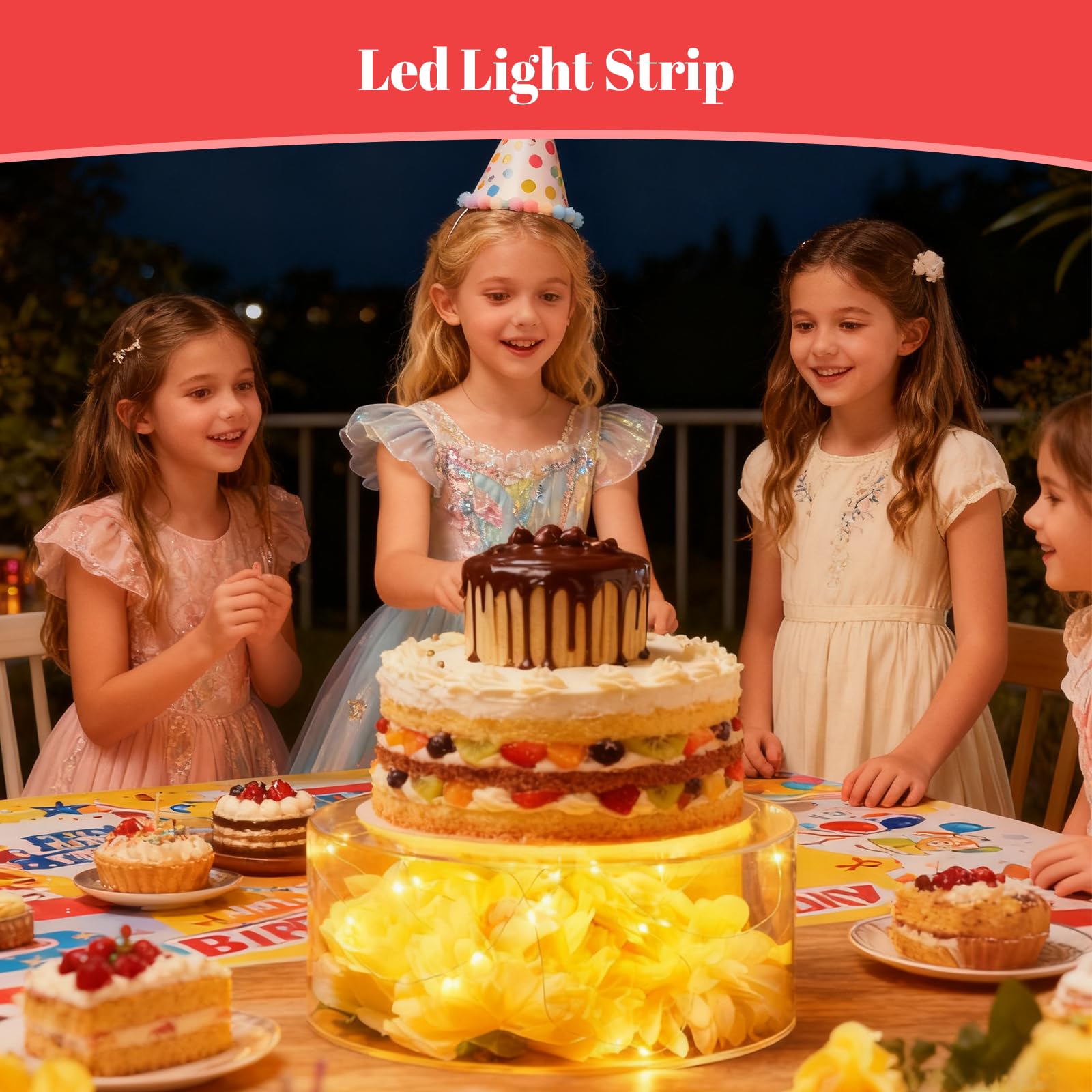 3 Pezzi Alzata per Dolci, Vassoio per Torte Rotondo Trasparente Riempibile con 3 Strisce Luminose a LED per Matrimoni, Compleanni e Feste