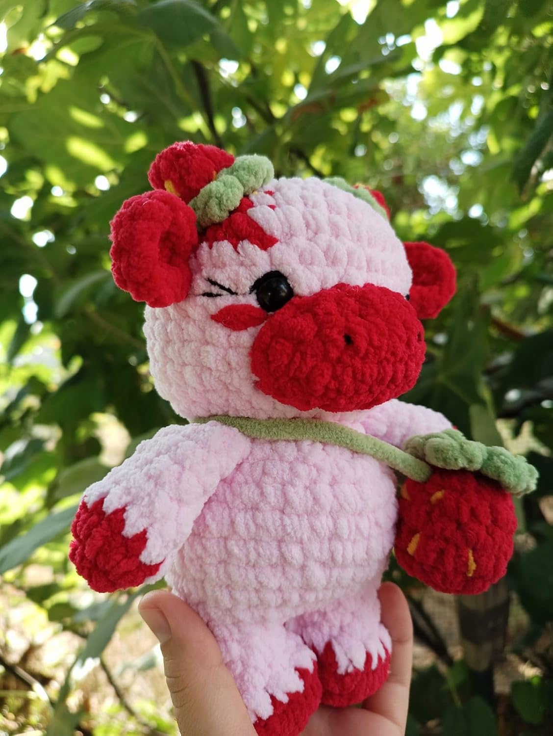Cute Strawberry Cow Plush Toy – Handmade Crochet Cow with Strawberry Horns & Bag, Pink Spotted Amigurumi Stuffed Animal, Unique Gift for Kids & Collectors