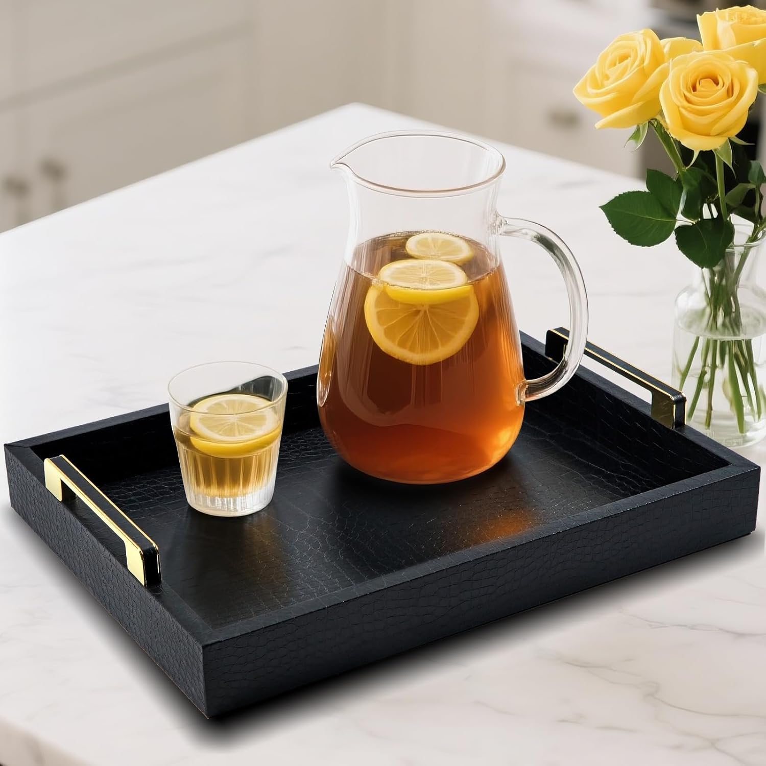 Black Serving Tray with Handles, Large Alligator Faux Leather Decorative Tray, Coffee Table, Ottoman Rectangular Trays for Home Decor, for All Occasions,16" x 12" - Image 6