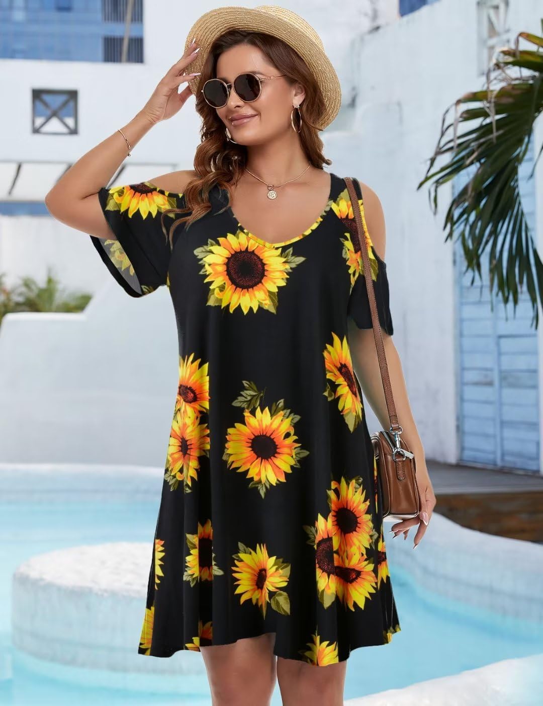 JollieLovin Womens Plus Size Short Sleeve Cold Shoulder V Neck T-Shirt Dress with Pockets - Image 4