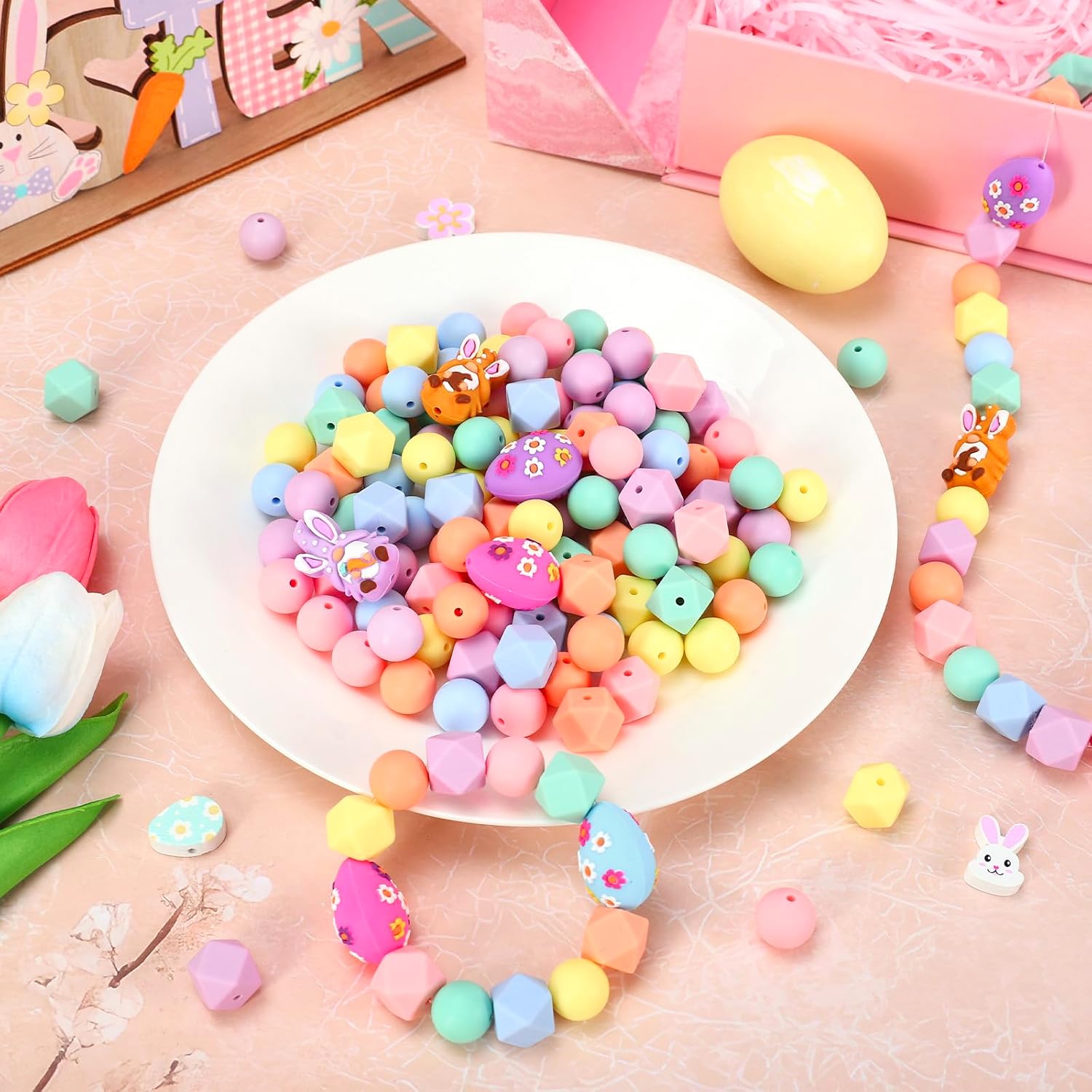 AnyDesign 84 Pcs Easter Silicone Beads Flower Egg Bunny Gnome Round Hexagon Loose Rubber Beads for Spring DIY Crafts Jewelry Keychain Making image 4